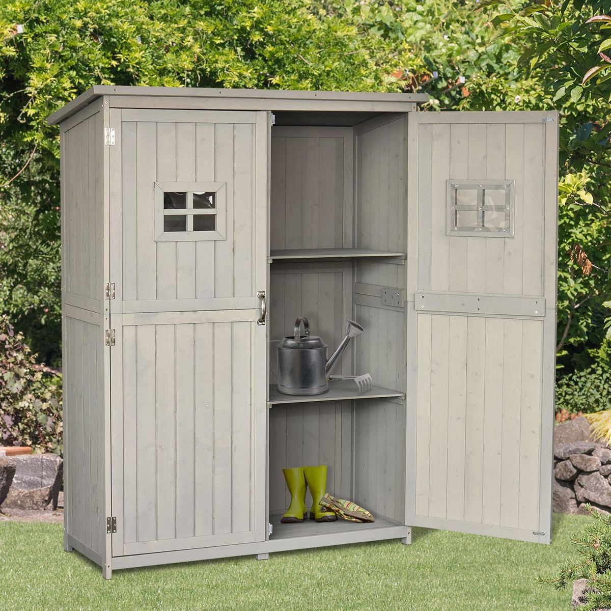 OUTSUNNY Abri de jardin armoire de jardin remise pour outils sur pied dim. 128L x 50l x 164H cm 2 étagères 2 portes 2 fenêtres toit bitumé étanche bois massif sapin pré-huilé gris