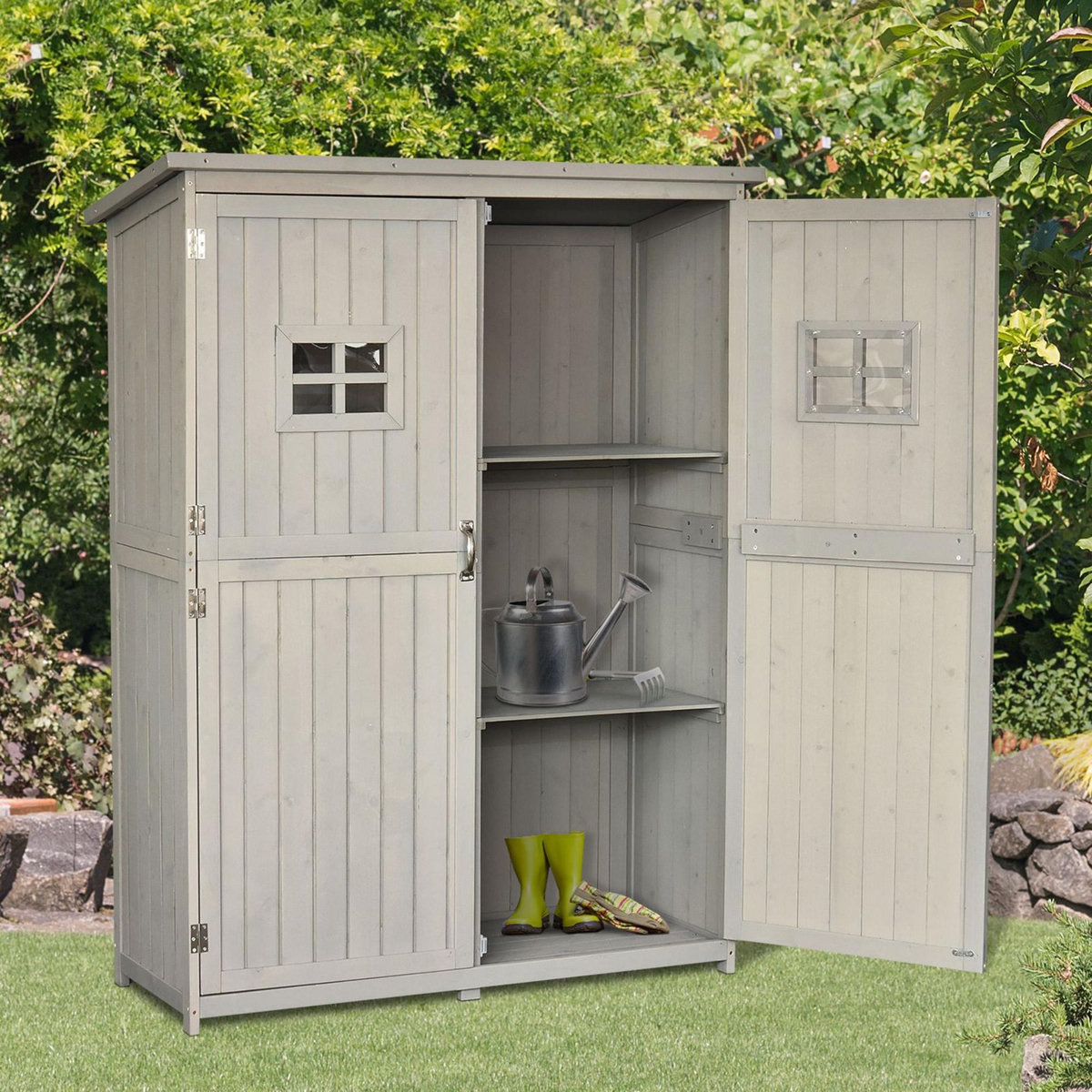 OUTSUNNY Abri de jardin armoire de jardin remise pour outils sur pied dim. 128L x 50l x 164H cm 2 étagères 2 portes 2 fenêtres toit bitumé étanche bois massif sapin pré-huilé gris
