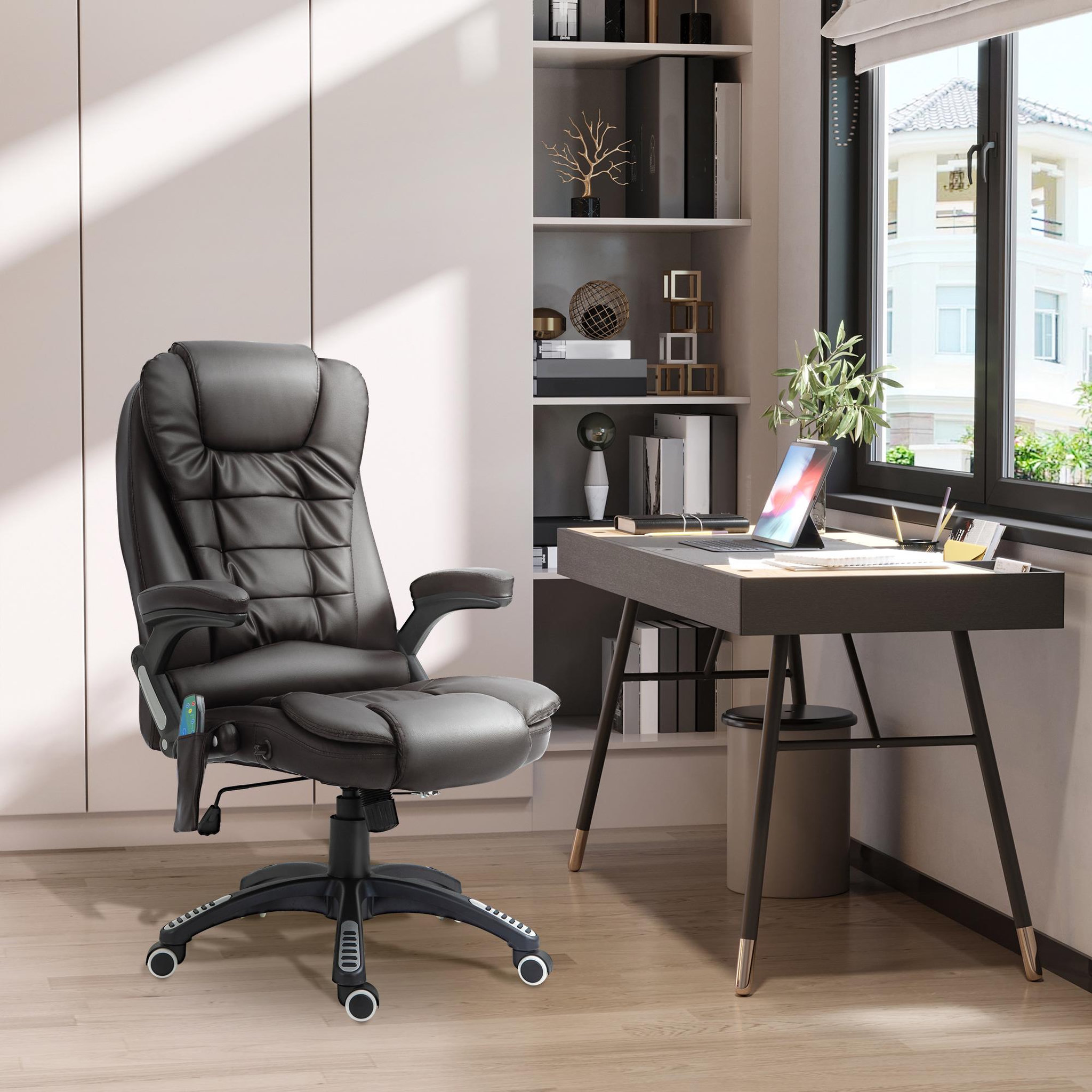 Voir la diapositive 2 : HOMCOM Fauteuil de bureau direction pivotant massant chauffant électrique revêtement synthétique chocolat