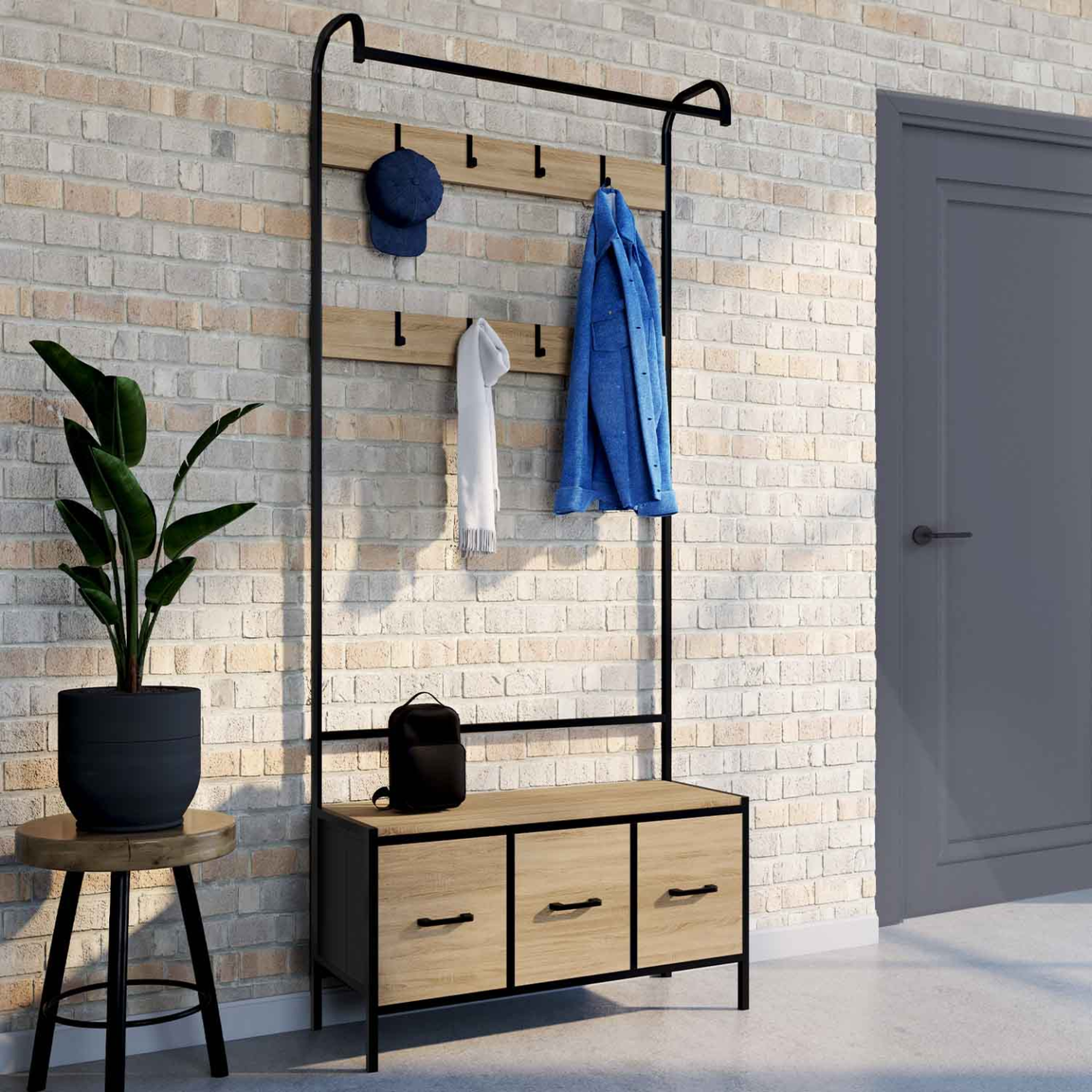 Voir la diapositive 2 : ID MARKET Vestiaire d'entrée utah avec banc et 3 tiroirs en tissu design industriel