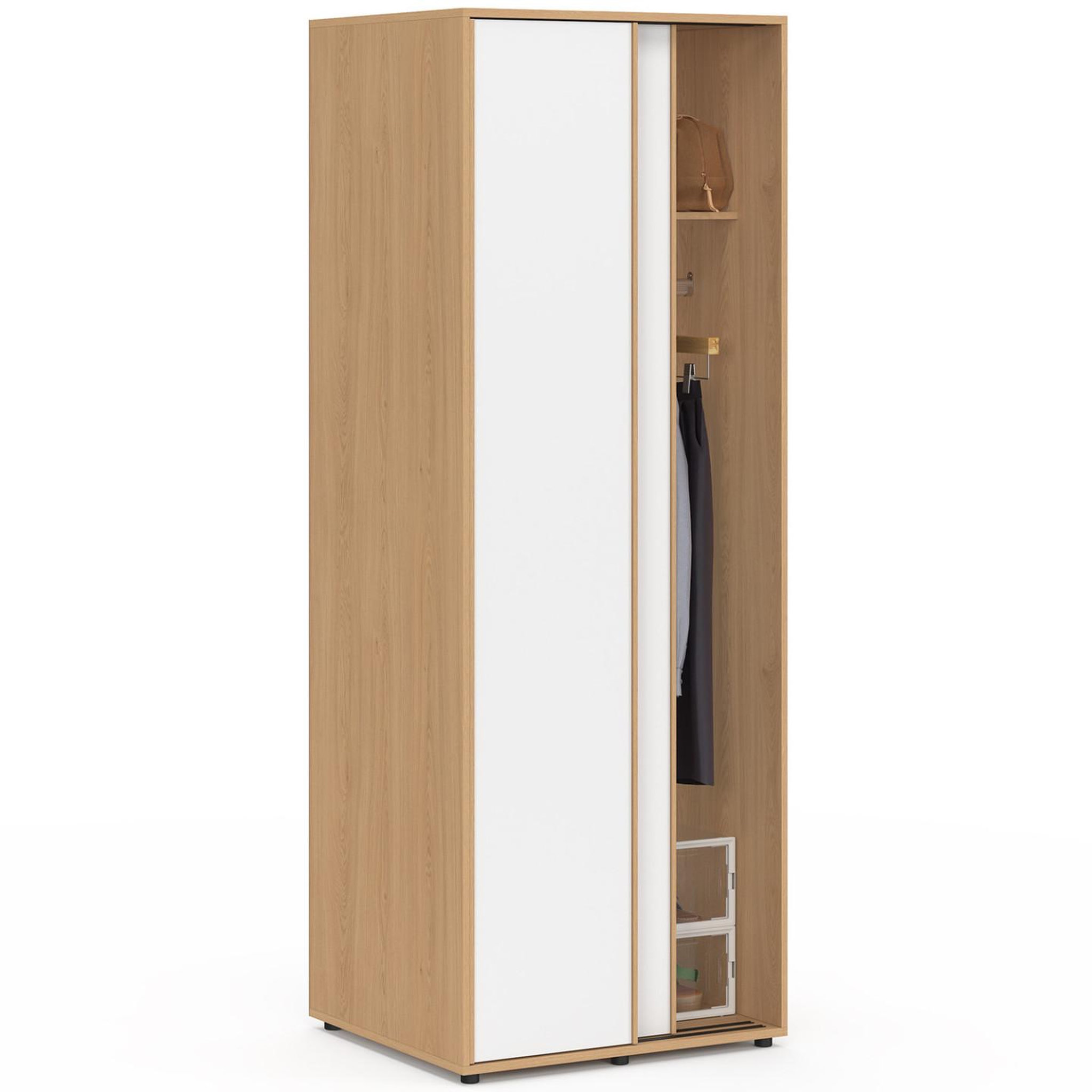 Voir la diapositive 3 : ID MARKET Armoire 2 portes coulissantes slidea bois et blanc 60 cm penderie avec étagère