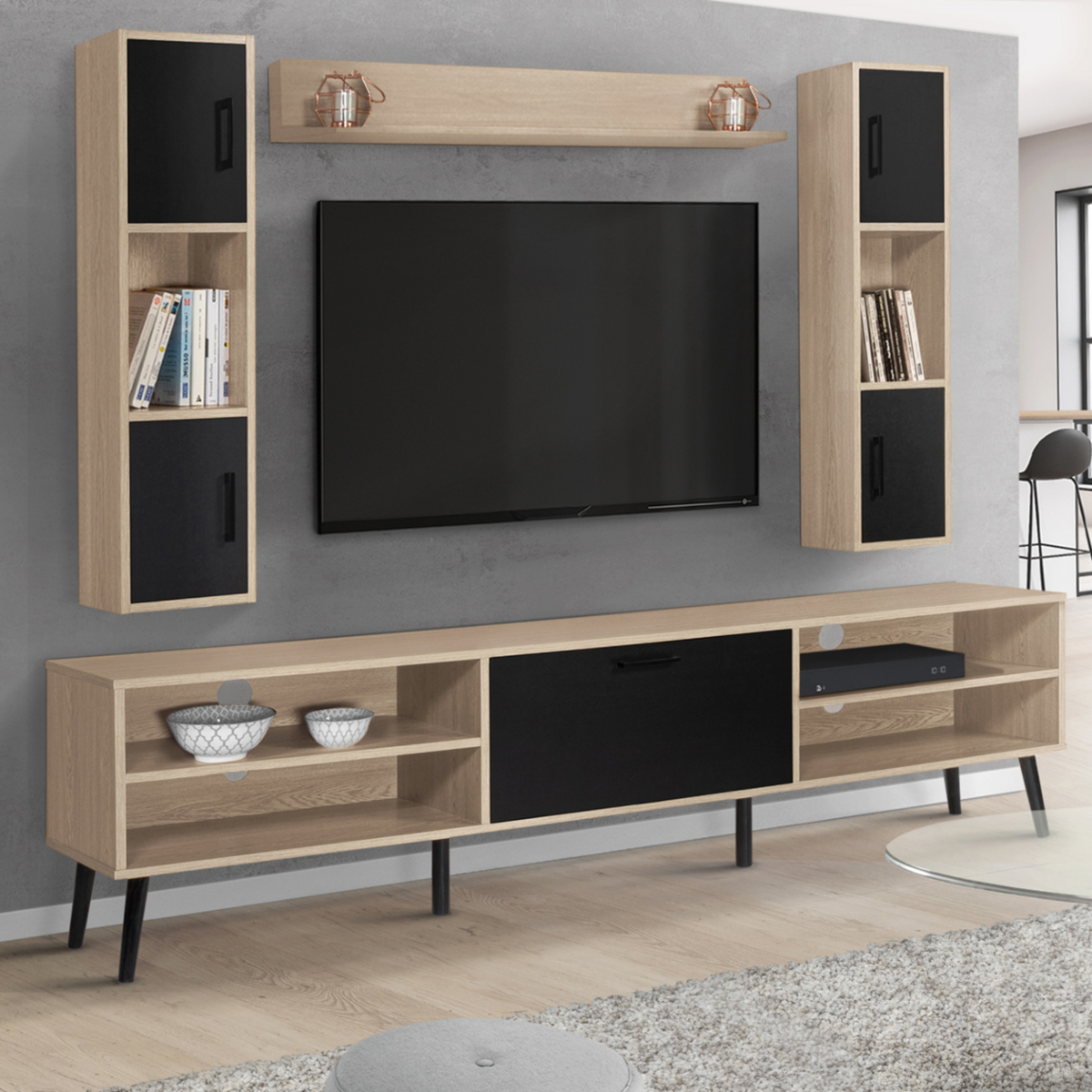 ID MARKET Ensemble meuble TV 180 cm et étagères HOUSTON bois et noir