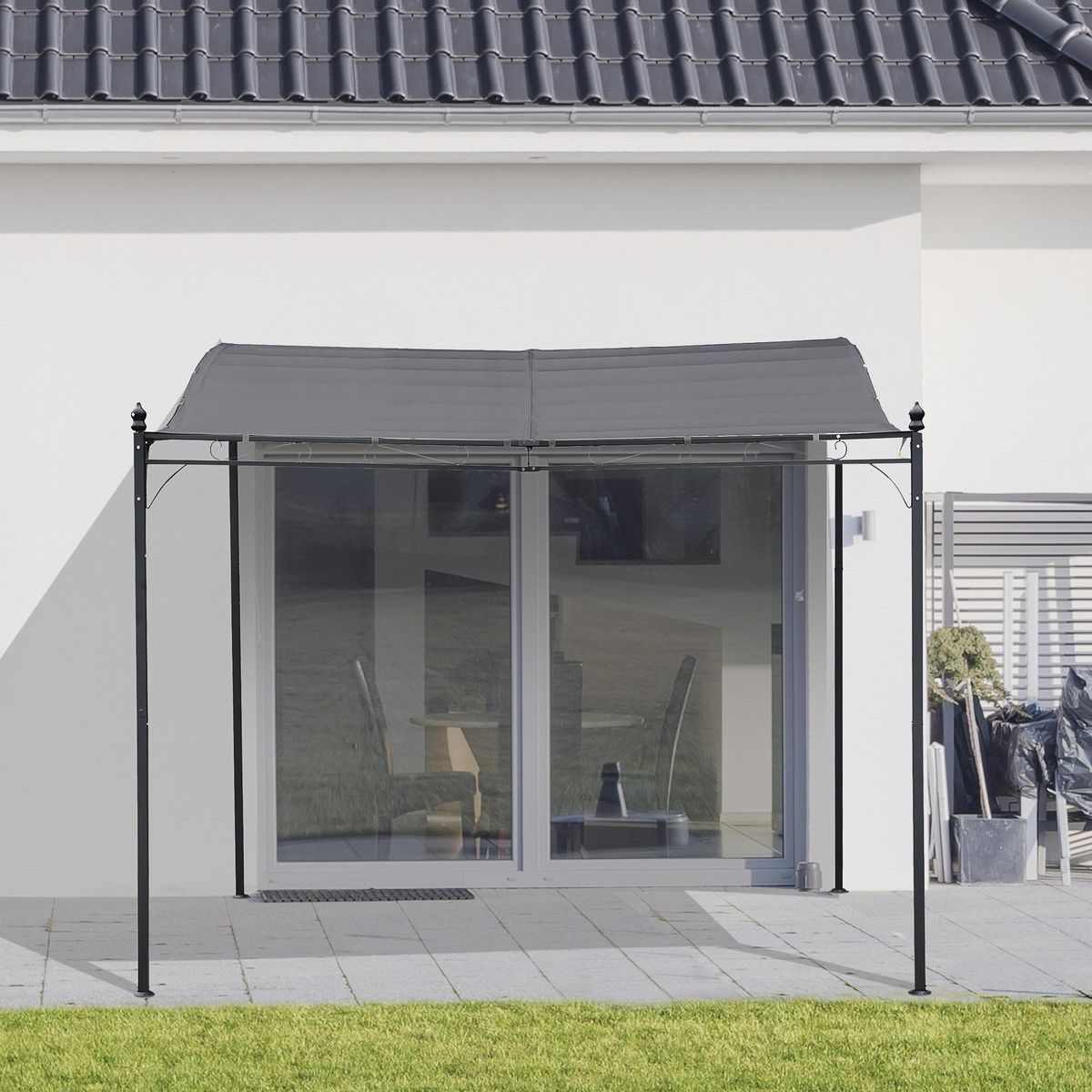 OUTSUNNY Pergola tonnelle de jardin auvent 2,97 x 2,97 m adossable métal noir polyester anti-UV gris