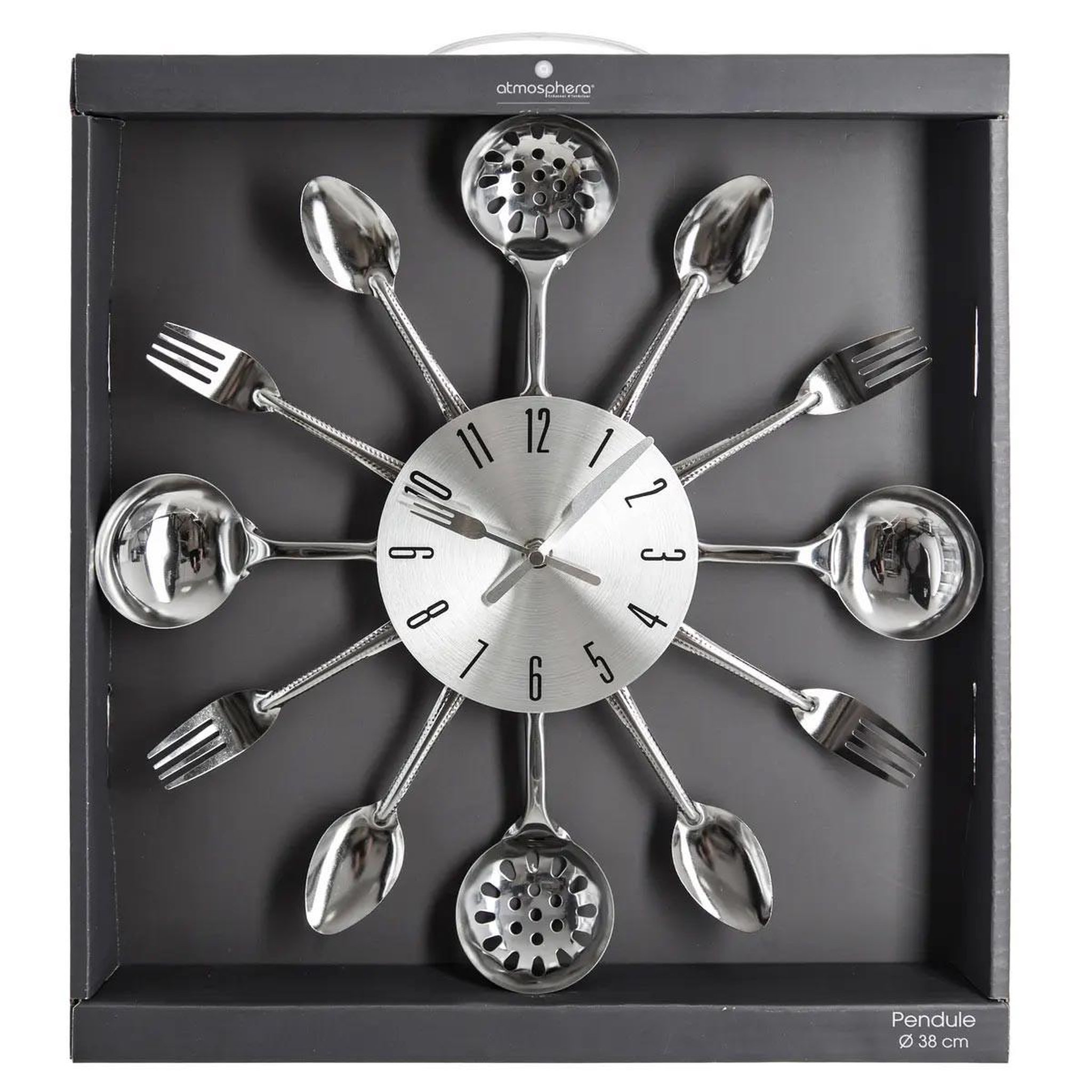 Voir la diapositive 4 : ATMOSPHERA Pendule Ustensiles - Diam. 38 cm - Argent