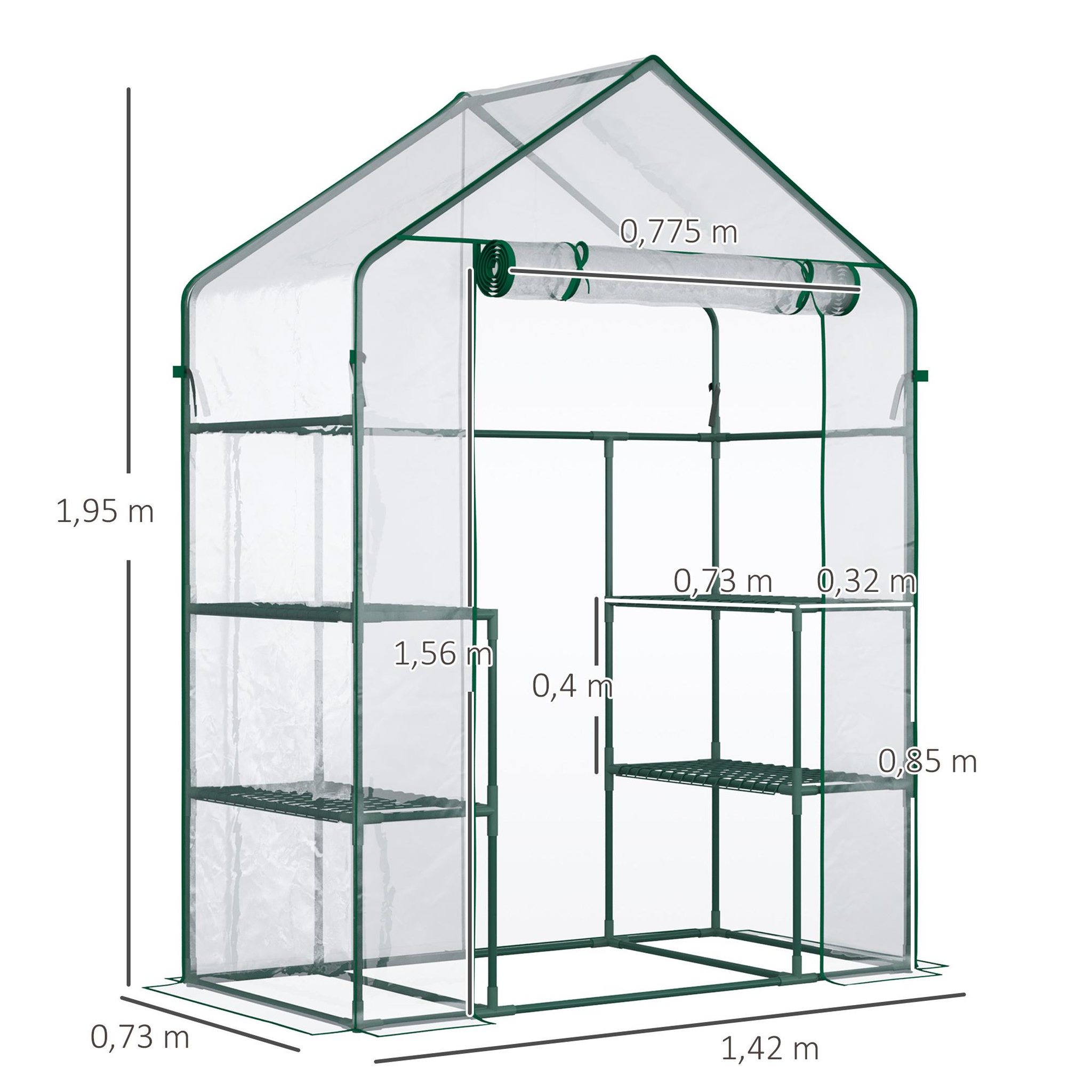 Voir la diapositive 3 : OUTSUNNY Serre de jardin 6 étagères - dim. 142l x 73l x 195h cm - porte - acier thermolaqué pvc haute densité anti-uv - transparent vert