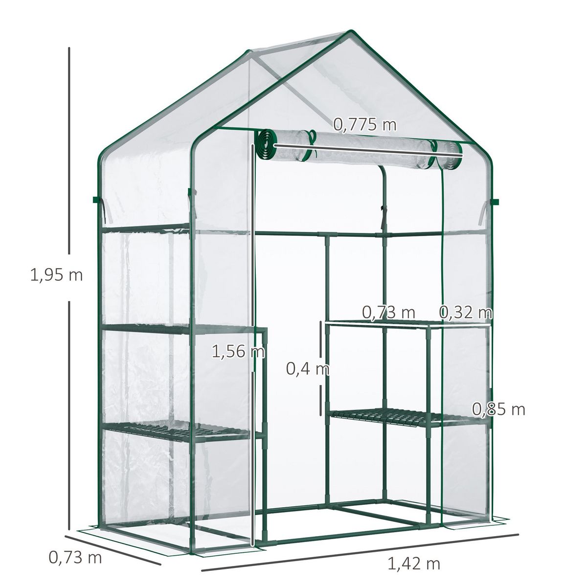 OUTSUNNY Serre de jardin 6 étagères - dim. 142L x 73l x 195H cm - porte - acier thermolaqué PVC haute densité anti-UV - transparent vert
