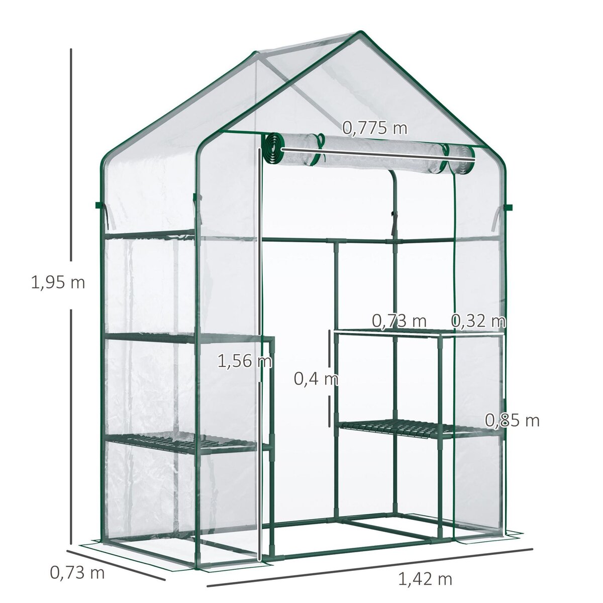 OUTSUNNY Serre de jardin 6 étagères - dim. 142L x 73l x 195H cm - porte - acier thermolaqué PVC haute densité anti-UV - transparent vert