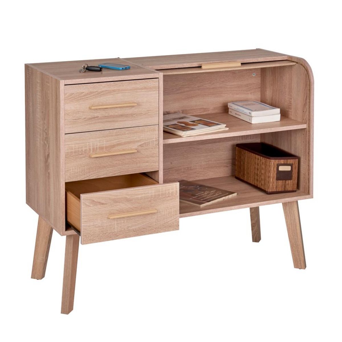 Meuble d'entrée 3 tiroirs 2 niches avec rideau chêne SMILE