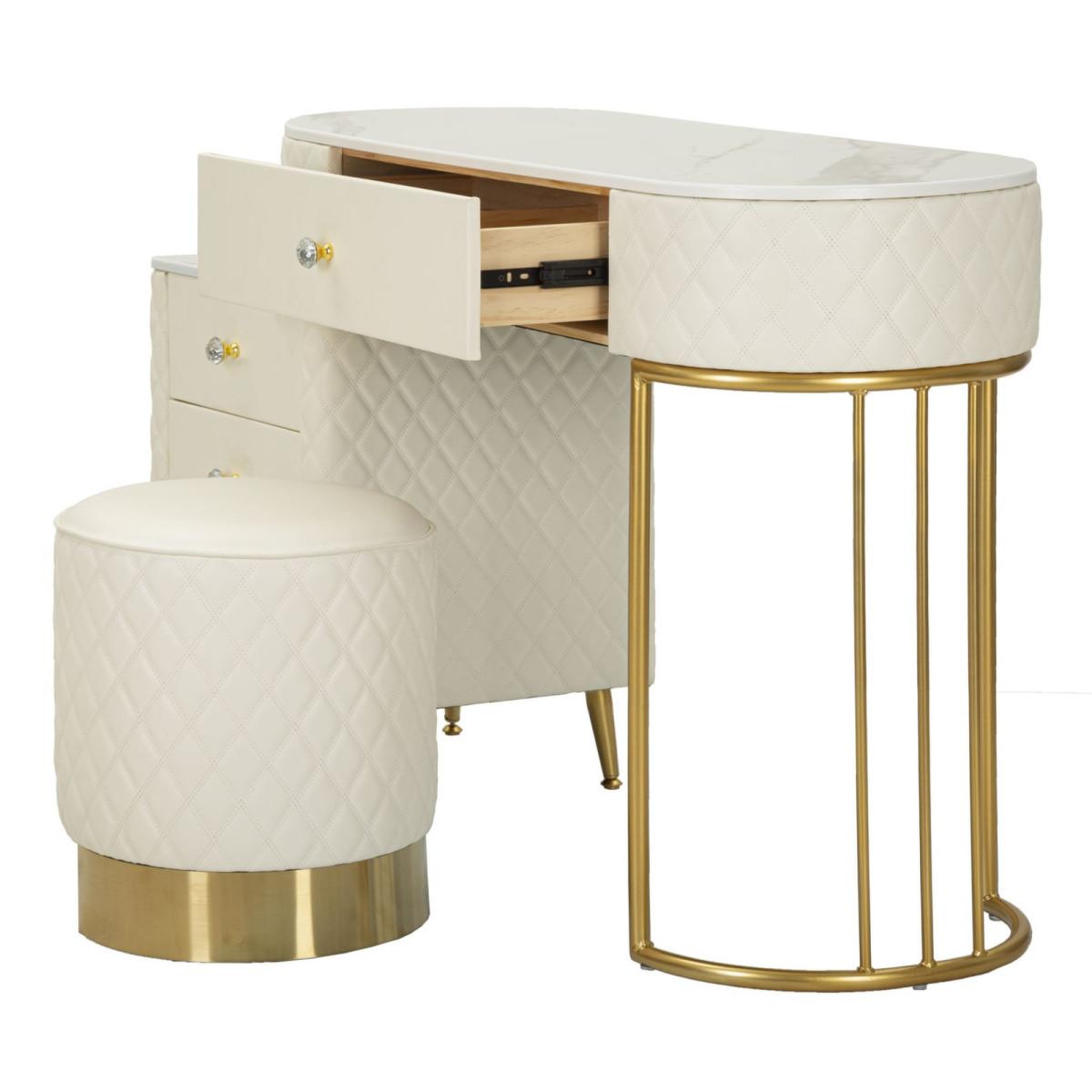 Voir la diapositive 3 : Paris Prix Coiffeuse avec pouf effet marbre  sharon  120 blanc & or