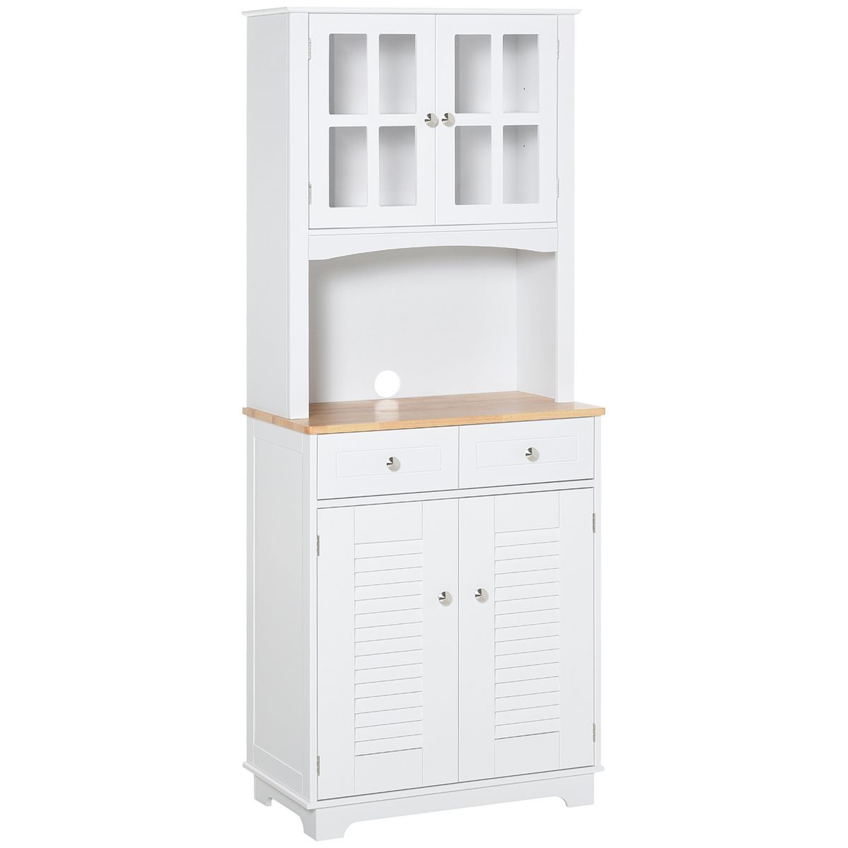 HOMCOM Armoire de cuisine 2 placards 2 portes persiennes et acryliques 2 tiroirs grande niche bois caoutchouc MDF blanc