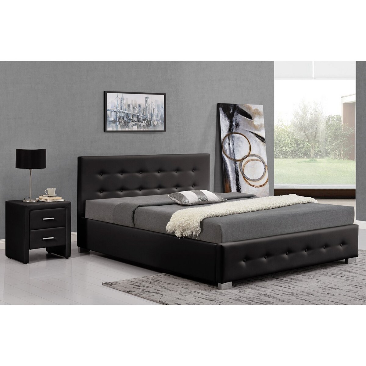 CONCEPT USINE Cadre de lit capitonnée noir avec coffre de rangement intégré 160x200 cm NEWINGTON