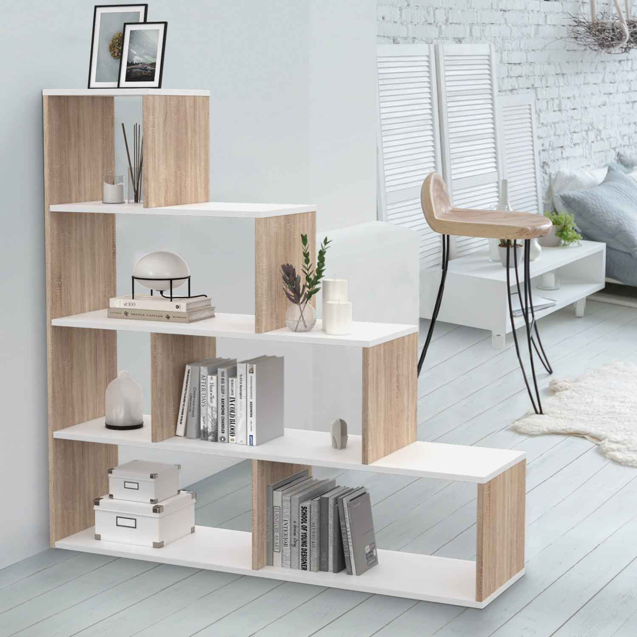 Voir la diapositive 2 : ID MARKET Bibliothèque escalier lina bois façon hêtre et blanc