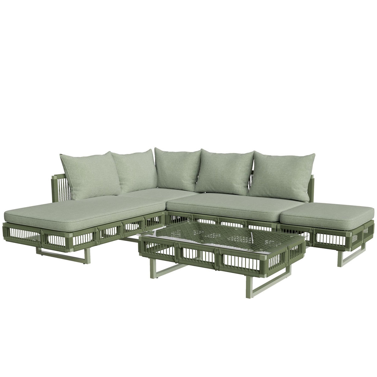 MERAX Salon de jardin modulaire pour 5-6 personnes en fer, avec coussins épais et table en verre