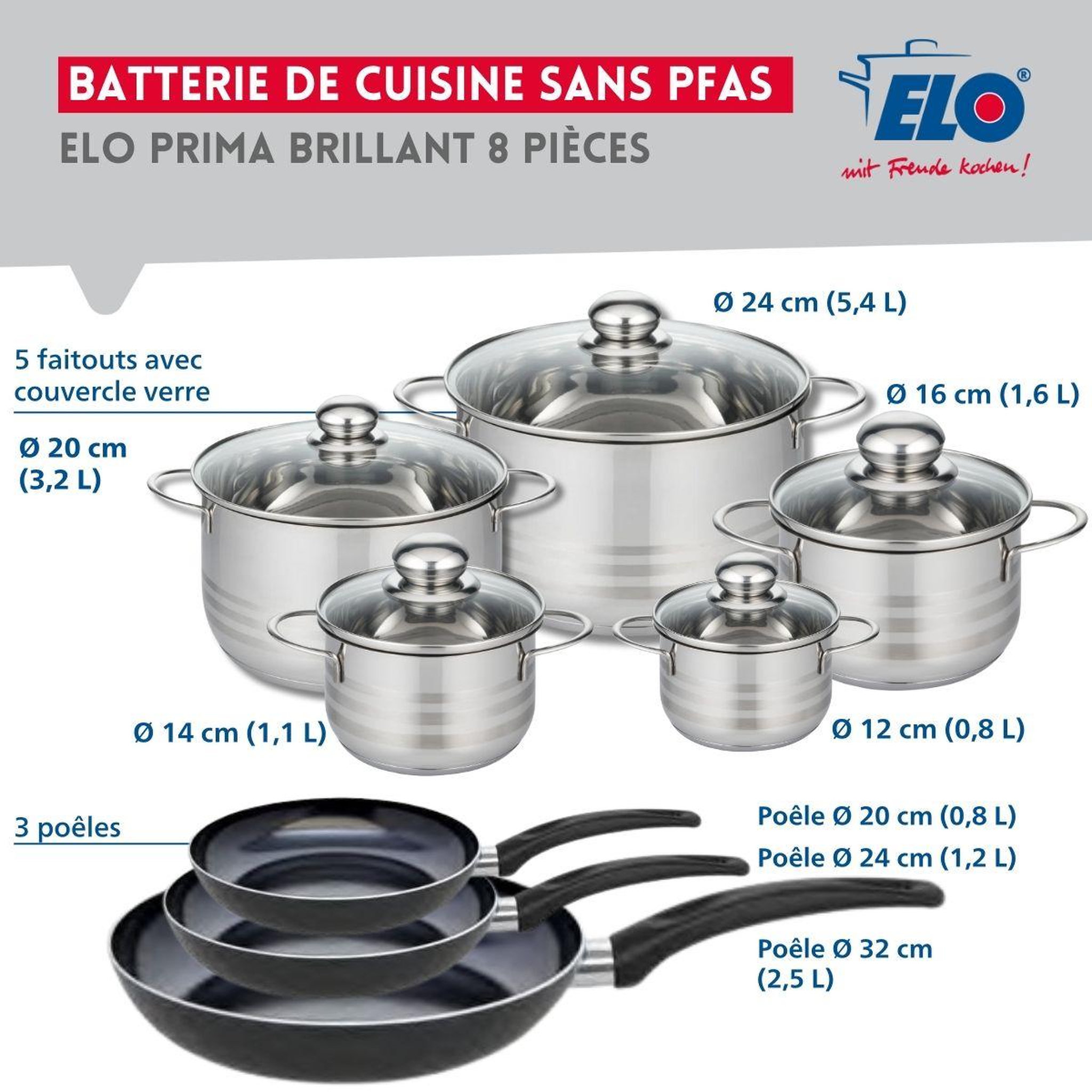 Voir la diapositive 2 : ELO Ensemble de 3 poêles de cuisson 20, 24 et 32 cm et 5 faitouts 12, 14, 16, 20 et 24 cm elo prima brillant
