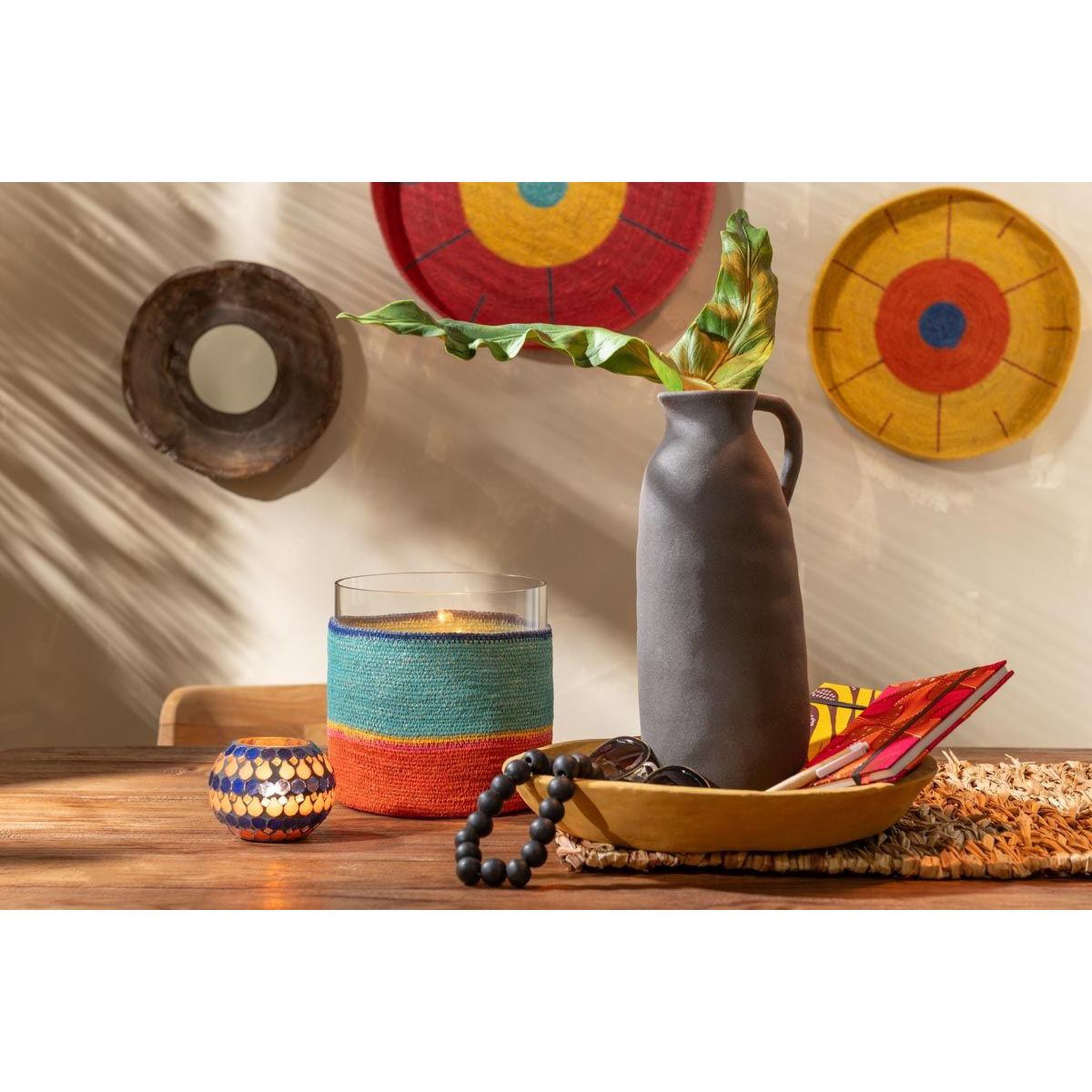 Voir la diapositive 2 : J-LINE Photophore déco jonc de mer  desire  20cm turquoise & orange