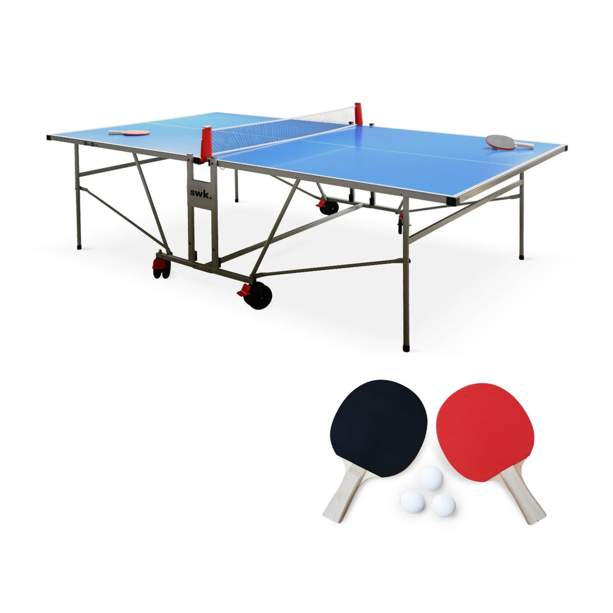 SWEEEK Table de ping pong OUTDOOR bleue - table pliable avec 2 raquettes et 3 balles. pour utilisation extérieure. sport tennis de table