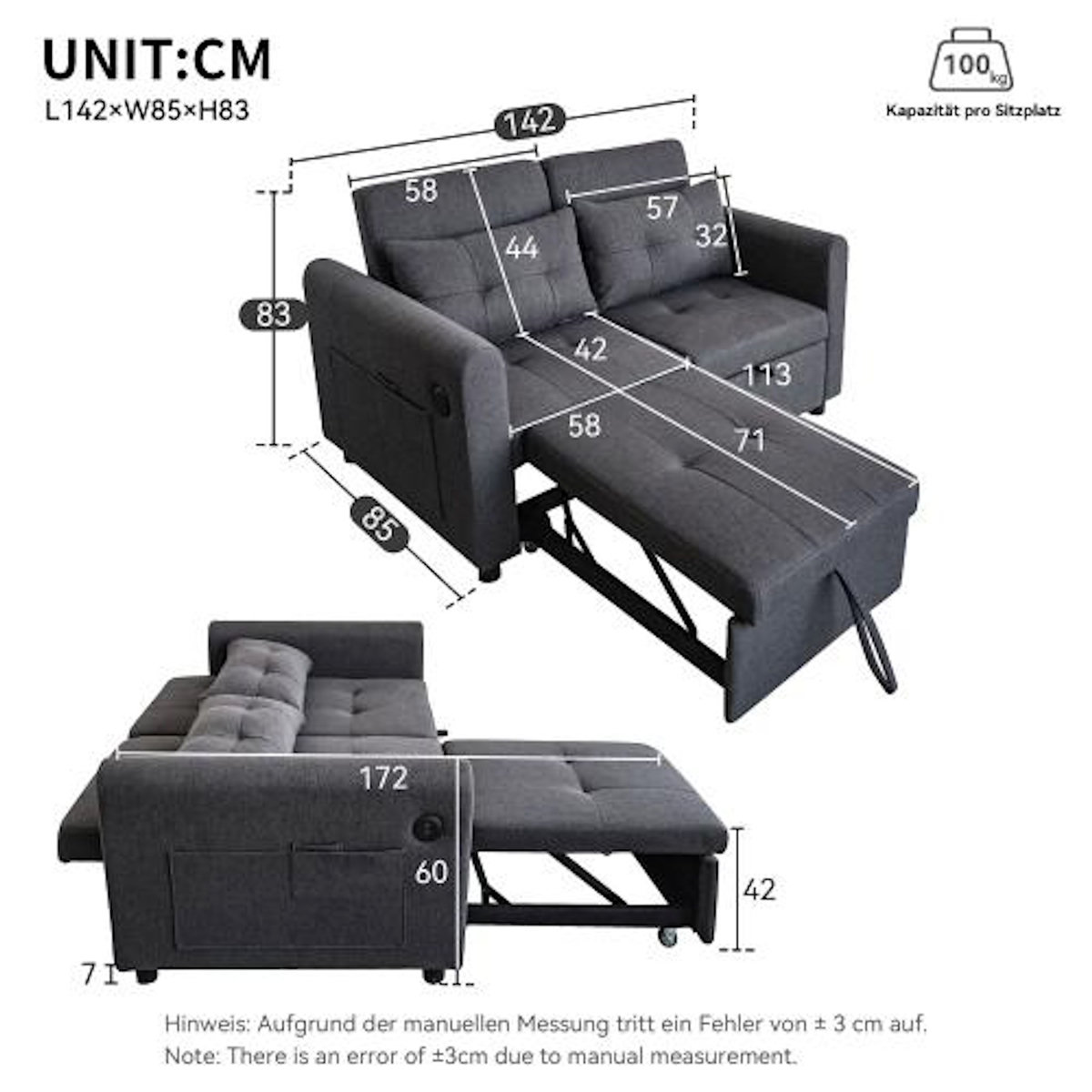 MERAX Canapé droit convertible 2 places coton et lin