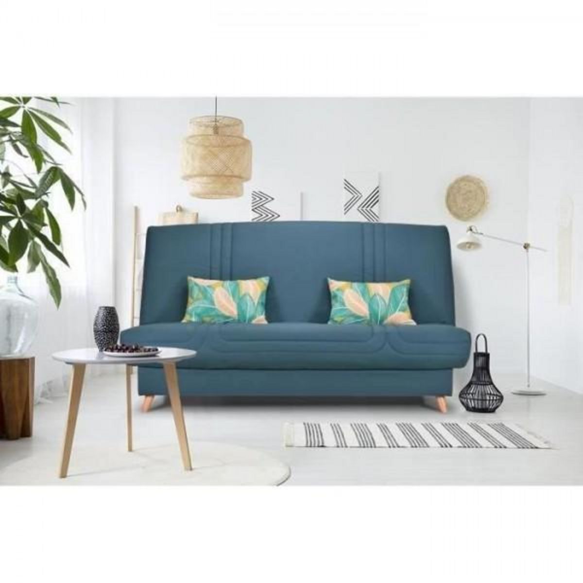 MARKET24 COMFORT BULTEX Banquette clic - Tissu bleu + Coussins déco jungle - L193 x P95 x H101- MONA