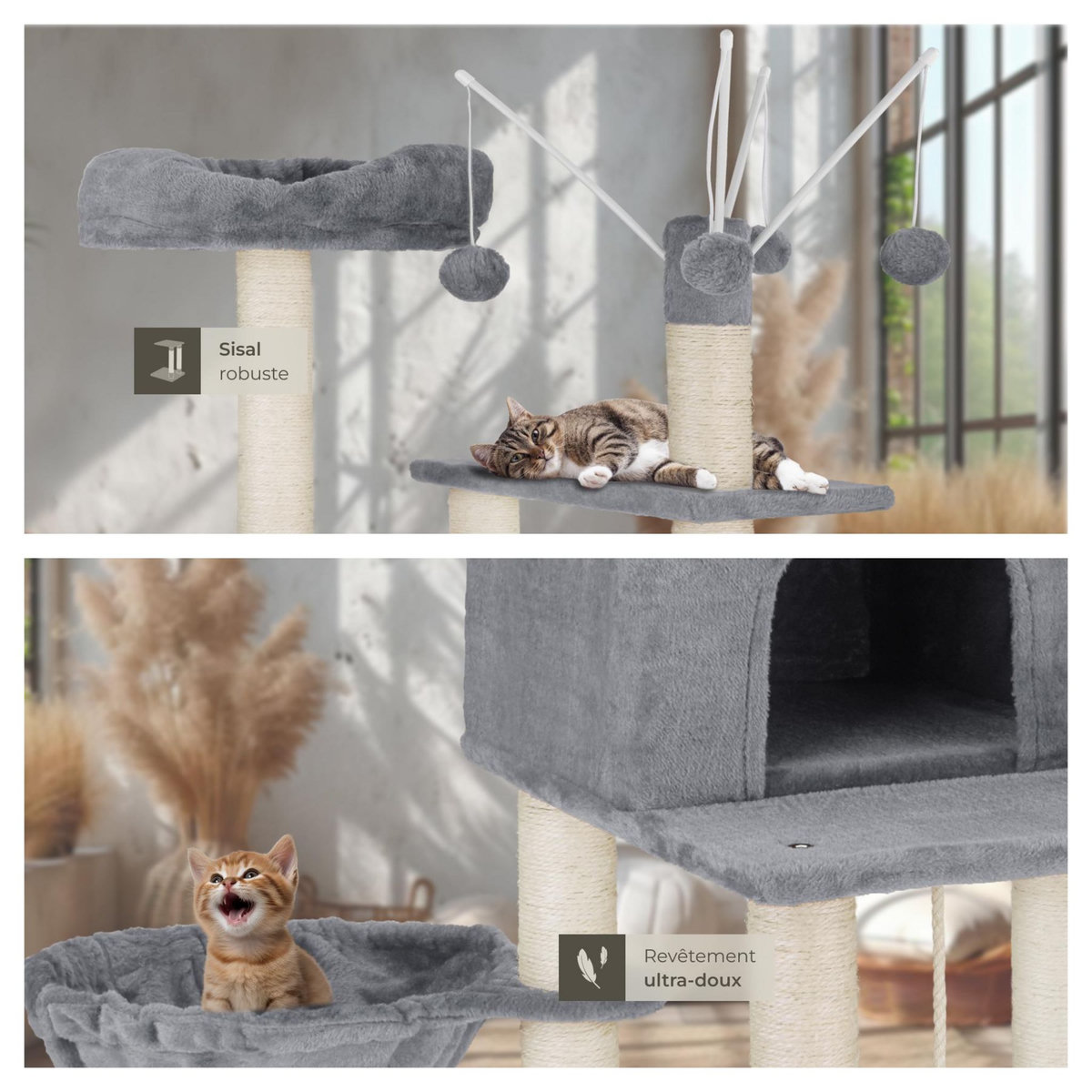 tectake Arbre à chat 165 cm avec griffoir et plateforme d'escalade gris