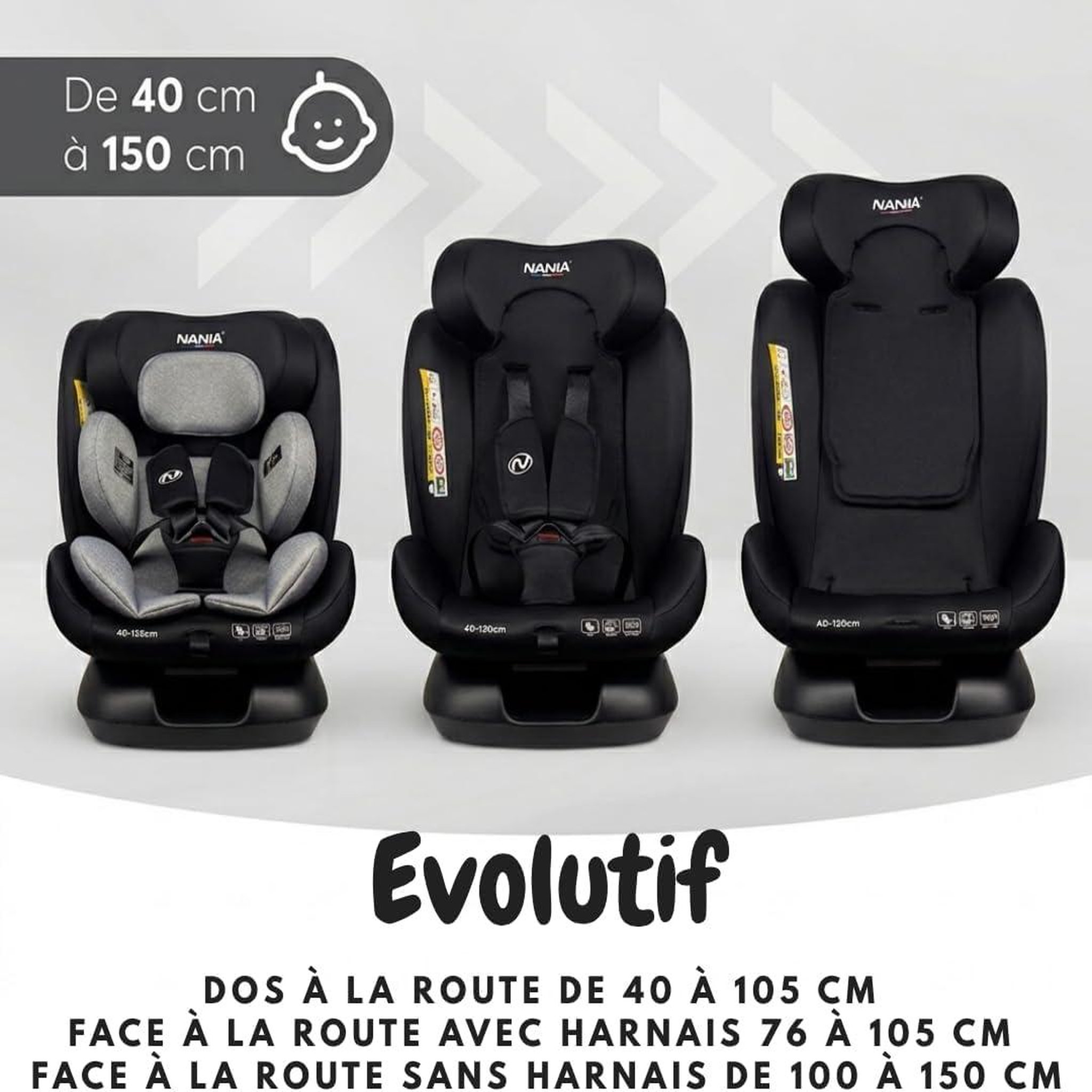 Voir la diapositive 3 : NANIA Nania Siège auto enfant Prato - I-Size 40-150 cm - Evolutif naissance jusqu'à 12 ans environ - Fixations ceinture de sécurité- Réglage de l'Appui-tête et de l'Inclinaison, Insert Lombaire et Réducteur