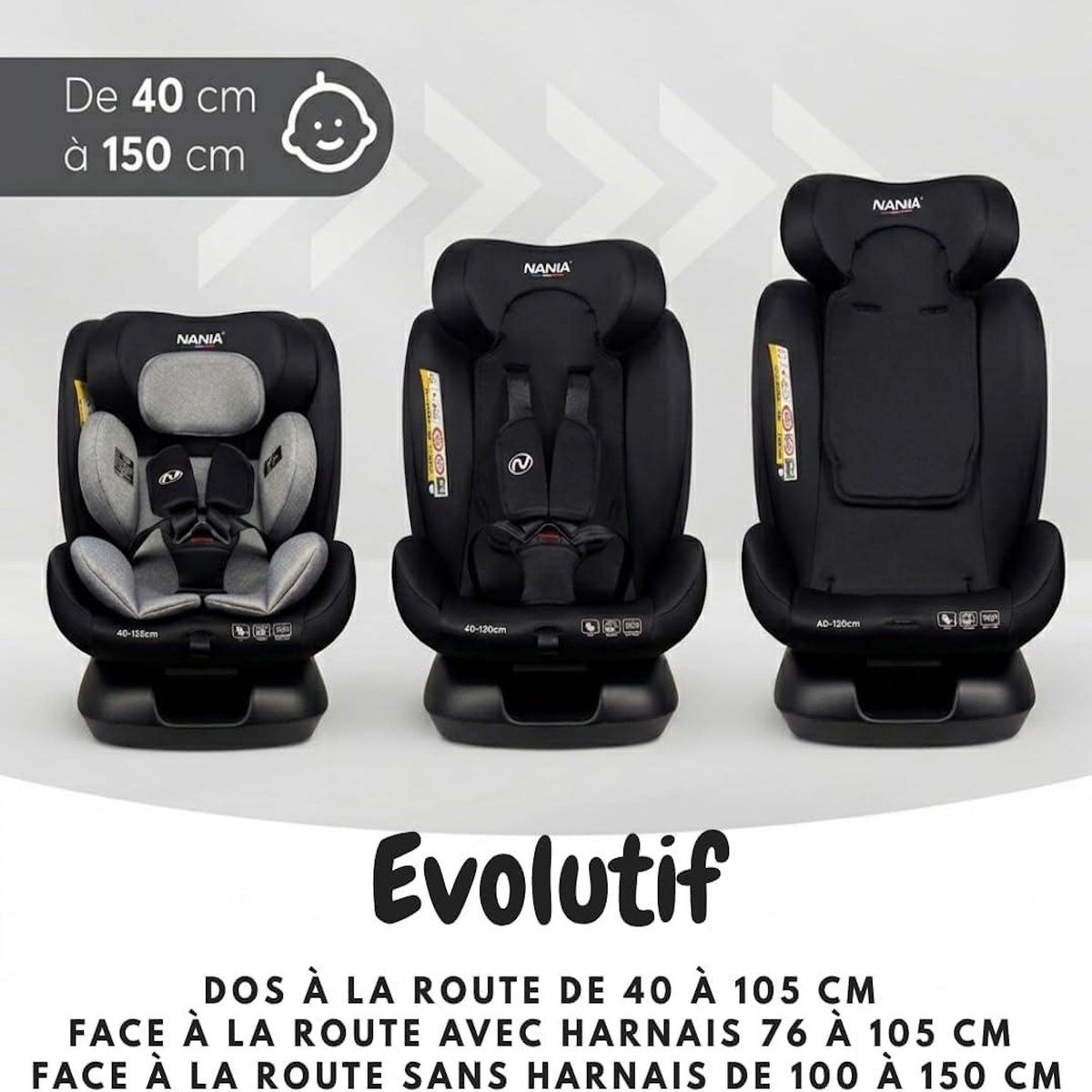 NANIA Nania Siège auto enfant Prato - I-Size 40-150 cm - Evolutif naissance jusqu'à 12 ans environ - Fixations ceinture de sécurité- Réglage de l'Appui-tête et de l'Inclinaison, Insert Lombaire et Réducteur