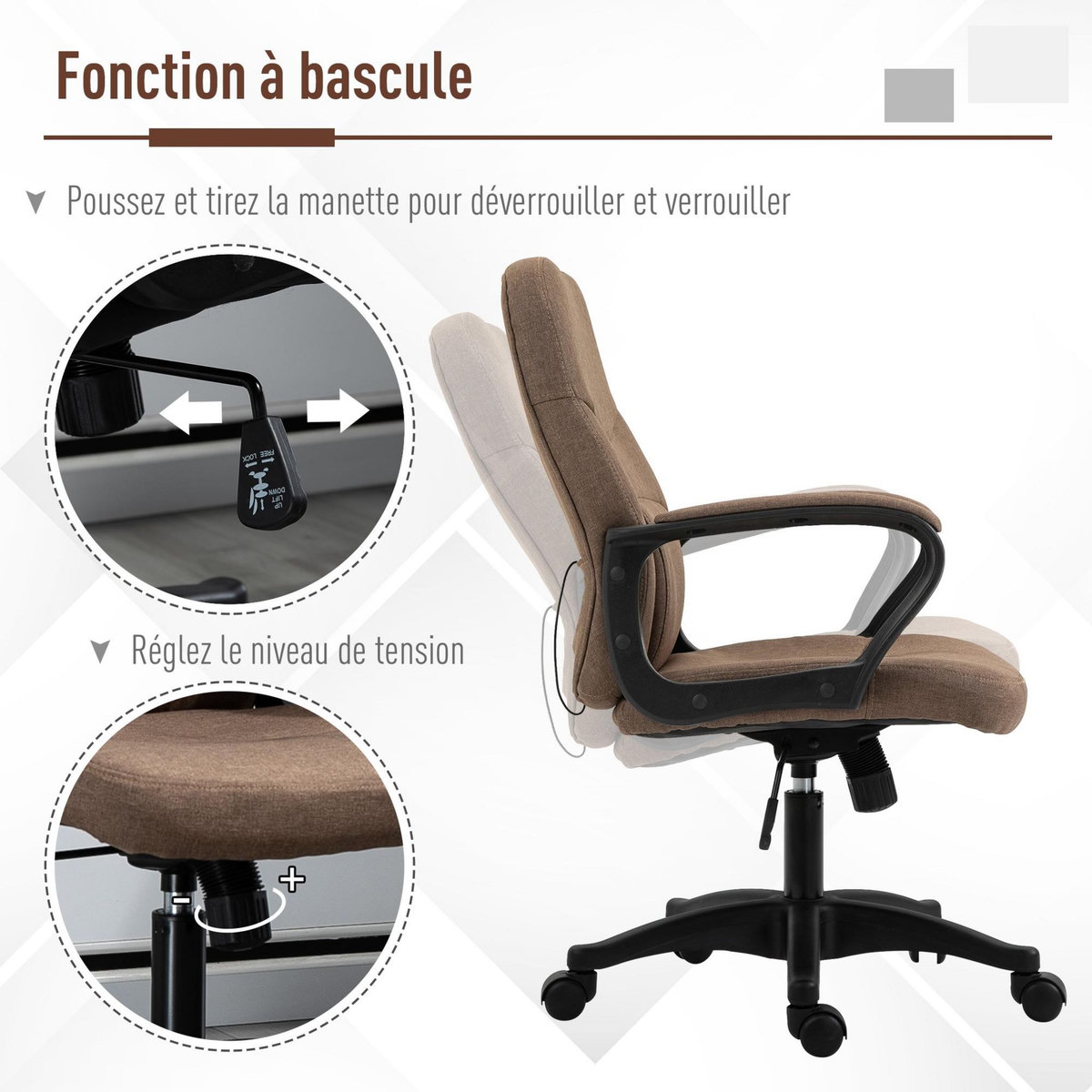 VINSETTO Vinsetto Chaise de bureau fauteuil bureau massant pivotant hauteur réglable tissu lin marron