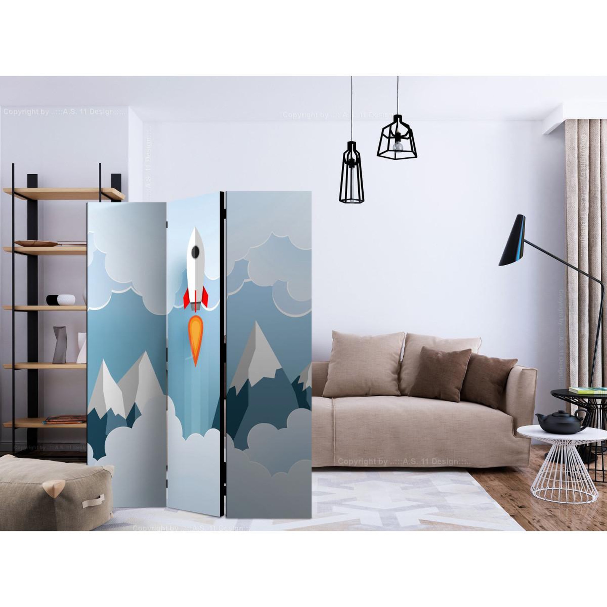 Voir la diapositive 2 : Paris Prix Paravent 3 volets  rocket in the clouds  135x172cm