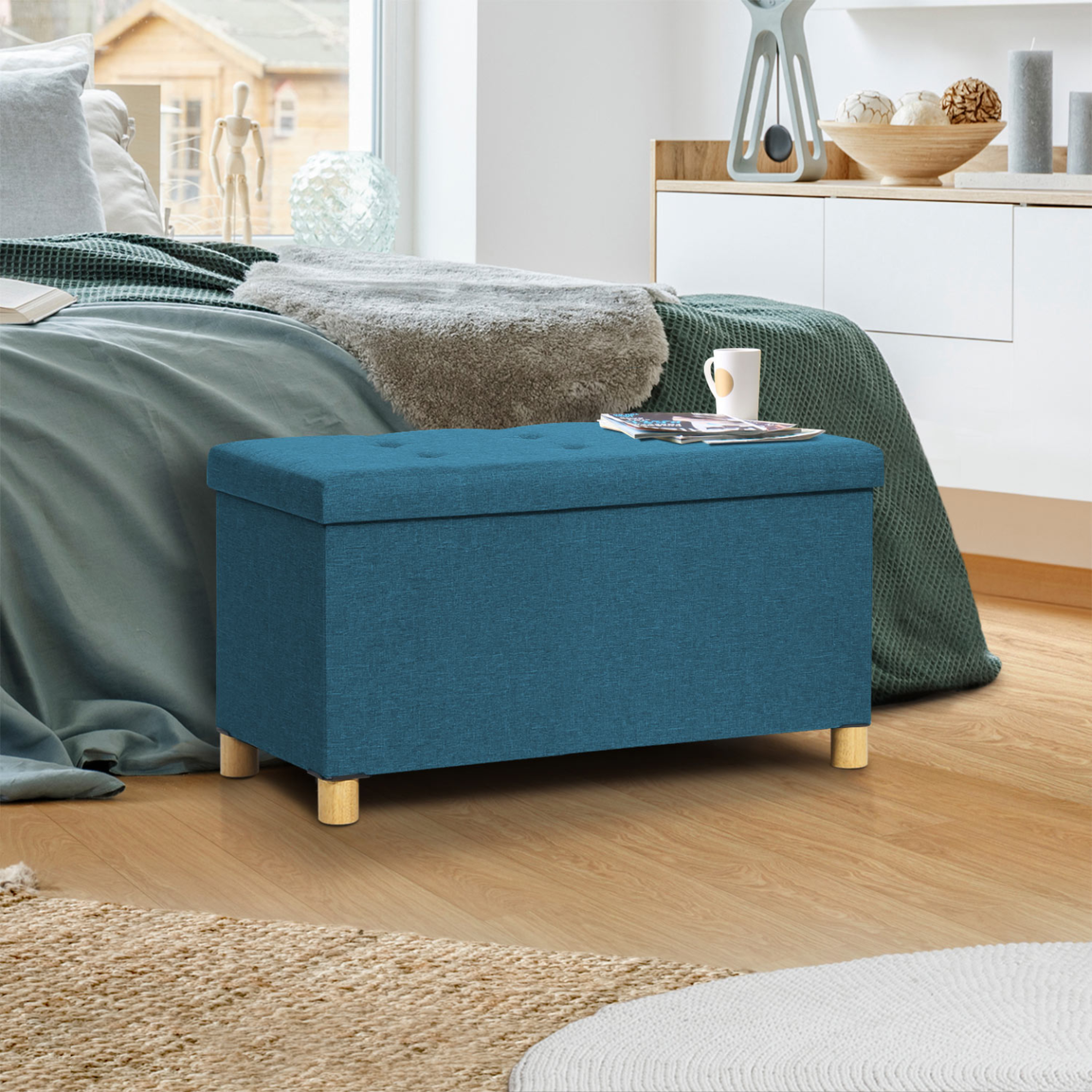 Voir la diapositive 2 : ID MARKET Banc coffre rangement sur pieds 76 cm tissu bleu canard