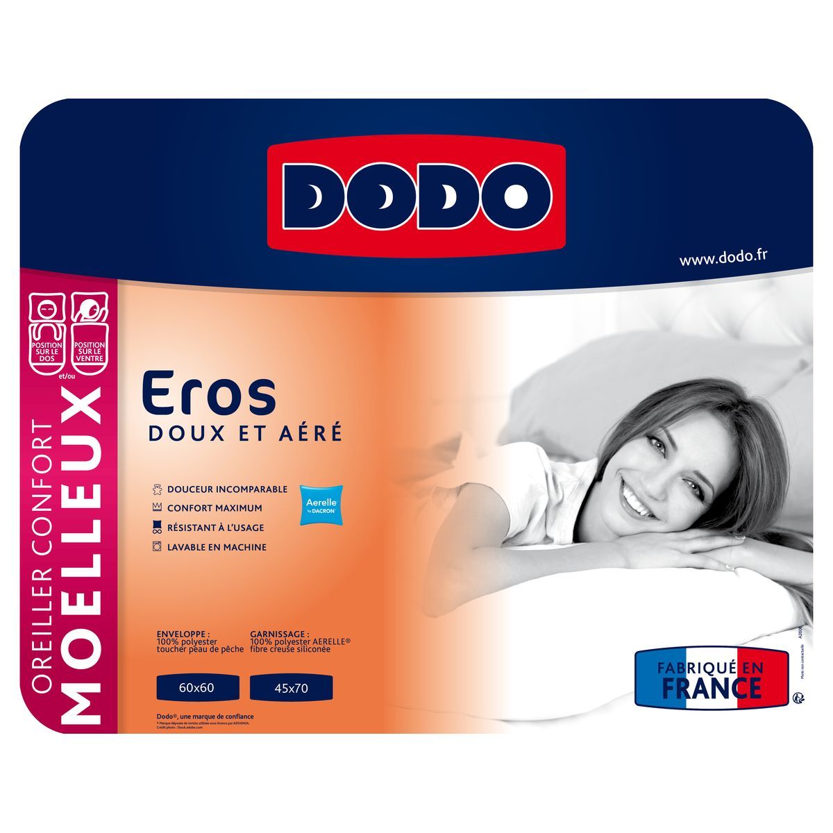 DODO Oreiller confort moelleux en polyester toucher peau de pêche EROS