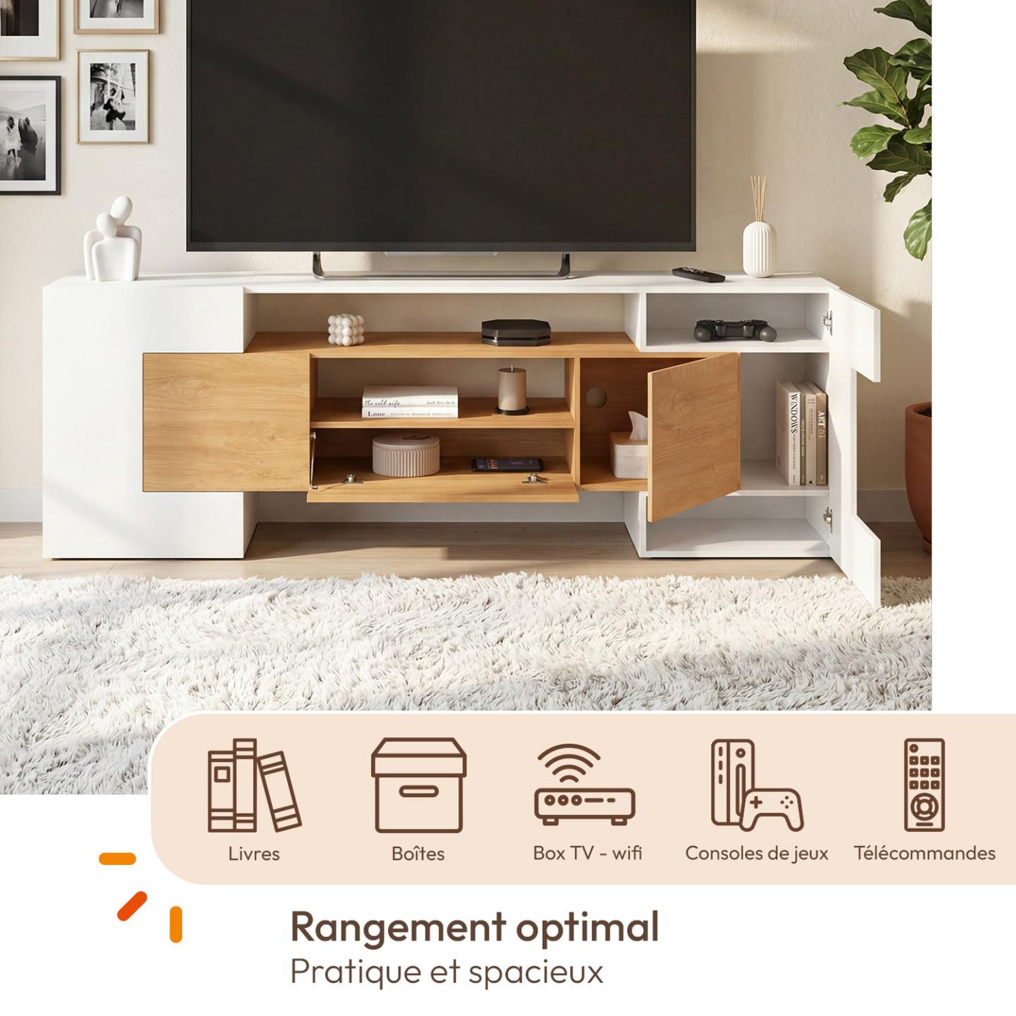 Voir la diapositive 3 : ID MARKET Meuble TV XXL 180 cm MARIO 4 portes et 1 tiroir bois et blanc