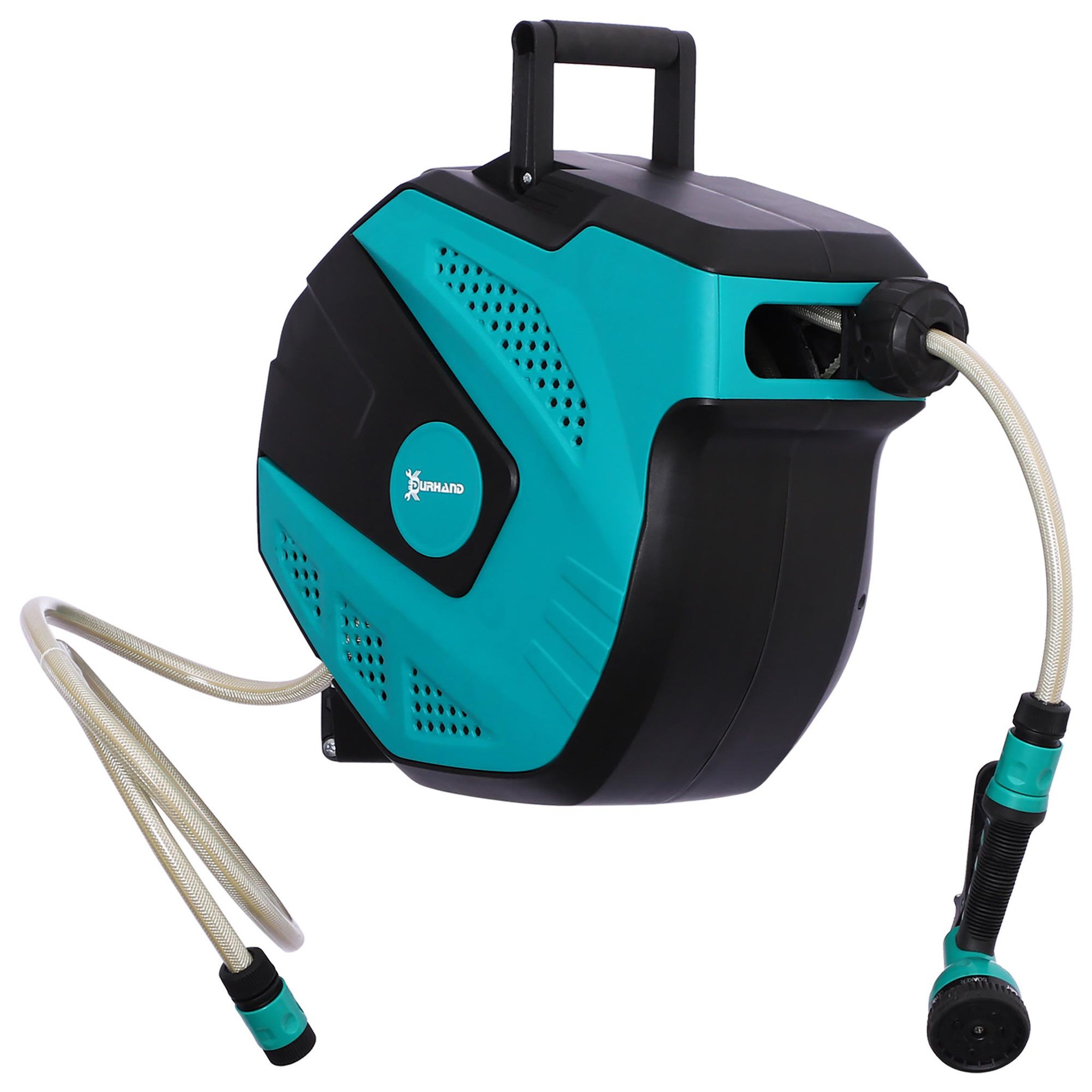 HOMCOM Dévidoir mural enrouleur automatique pivotant 180° tuyau 15 + 1,5 m avec lance arrosage support mural intégré turquoise noir