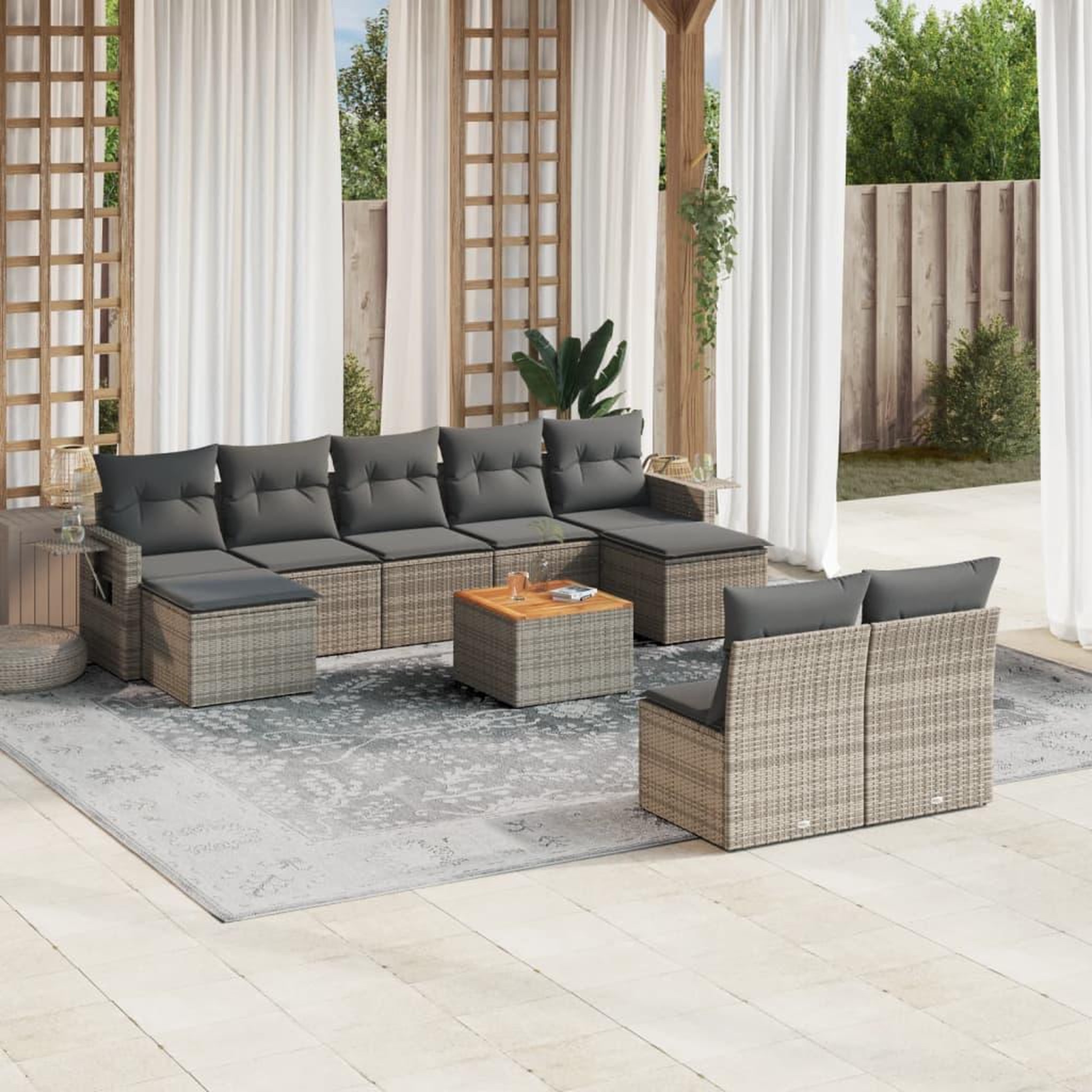 VIDAXL Salon de jardin avec coussins 10 pcs gris resine tressee