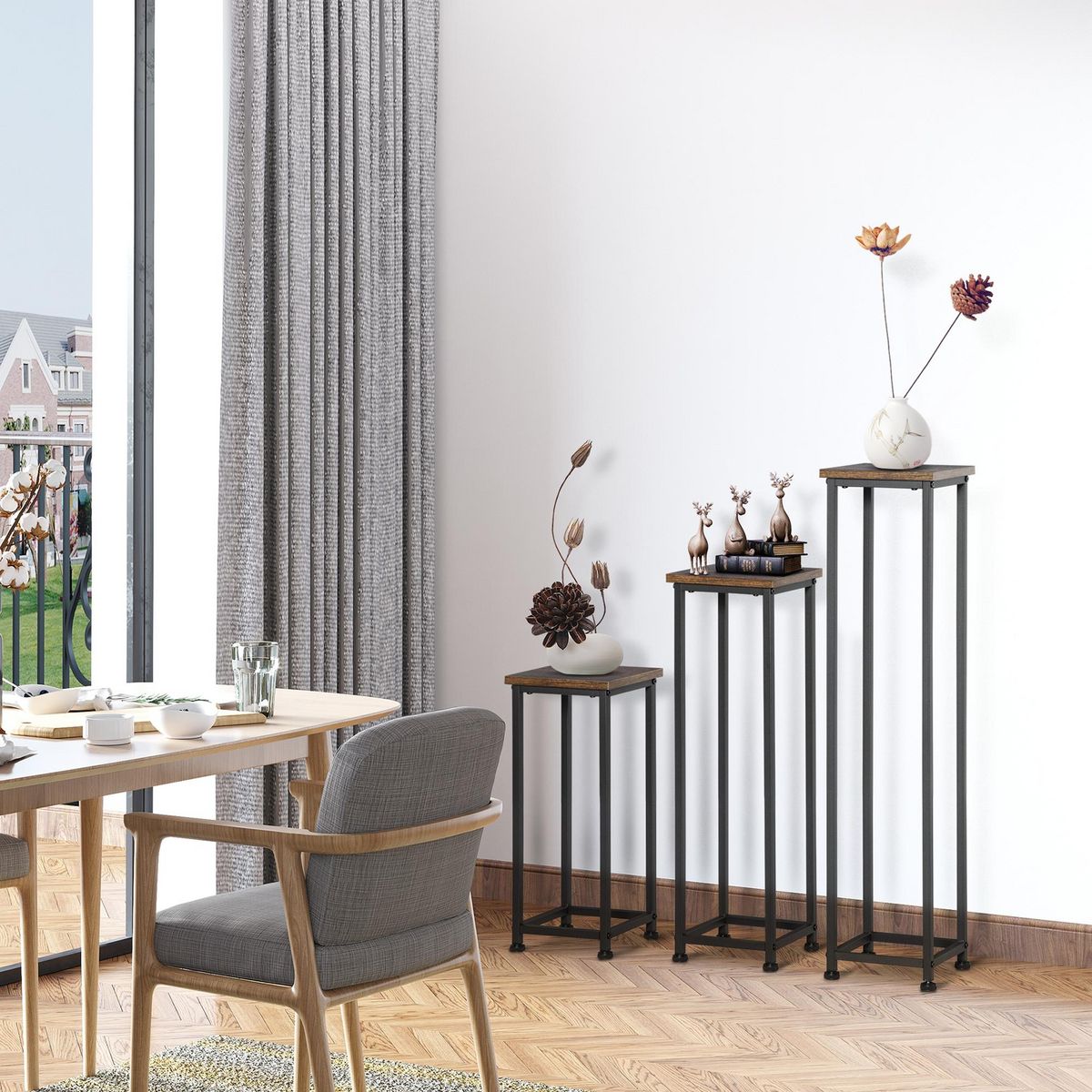 OUTSUNNY Support pots de fleurs 3 pièces - lot de 3 étagères à fleurs - portes plantes - acier époxy noir plateaux aspect bois de noyer