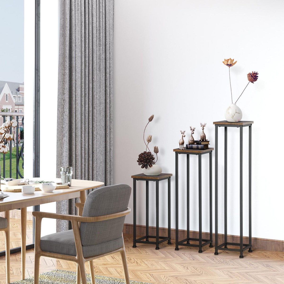 OUTSUNNY Support pots de fleurs 3 pièces - lot de 3 étagères à fleurs - portes plantes - acier époxy noir plateaux aspect bois de noyer