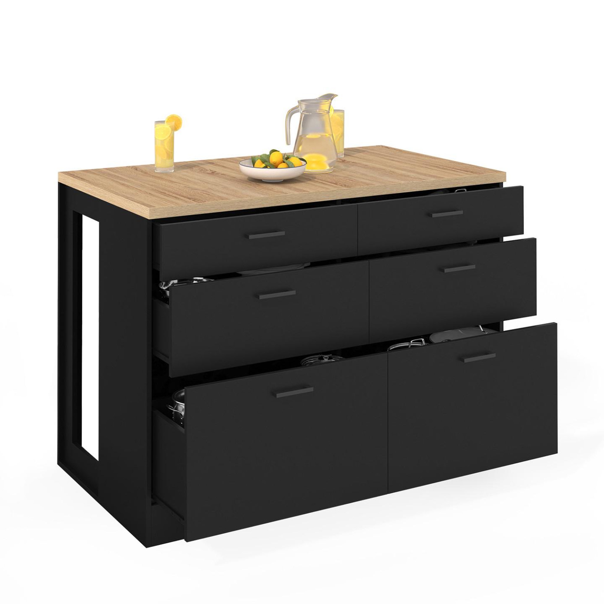 ID MARKET Ilot central mange-debout orso 120 cm casserolier 6 tiroirs noir avec plan de travail façon hêtre