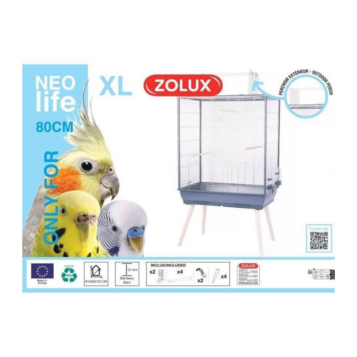 Zolux ZOLUX Cage grillagée surélevée pour oiseau - Pour perruche, calopsitte, canari - 81 x 48 x 152 cm - Néolife - Gris