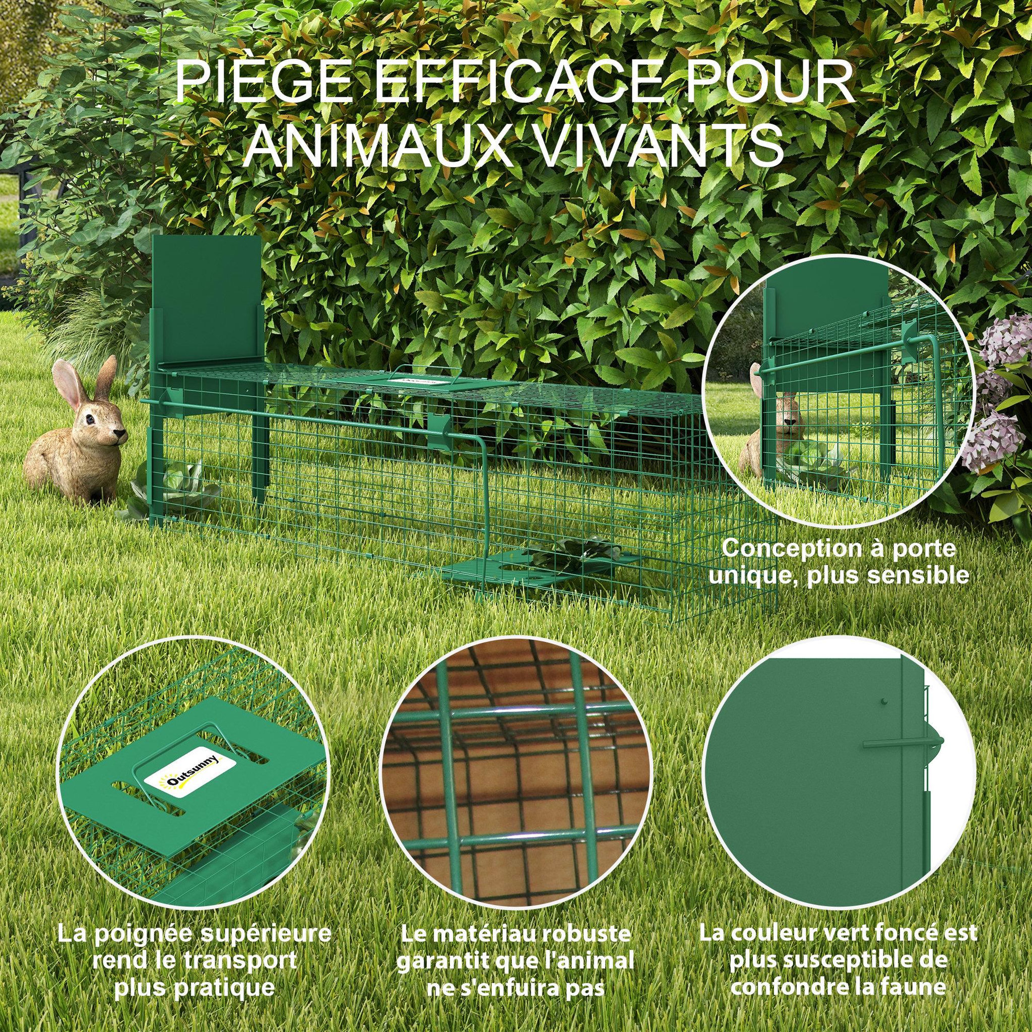 Voir la diapositive 5 : OUTSUNNY Piège de capture pour petits animaux type lapin rat - entrée, poignée - dim. 100L x 25l x 28H cm - acier vert