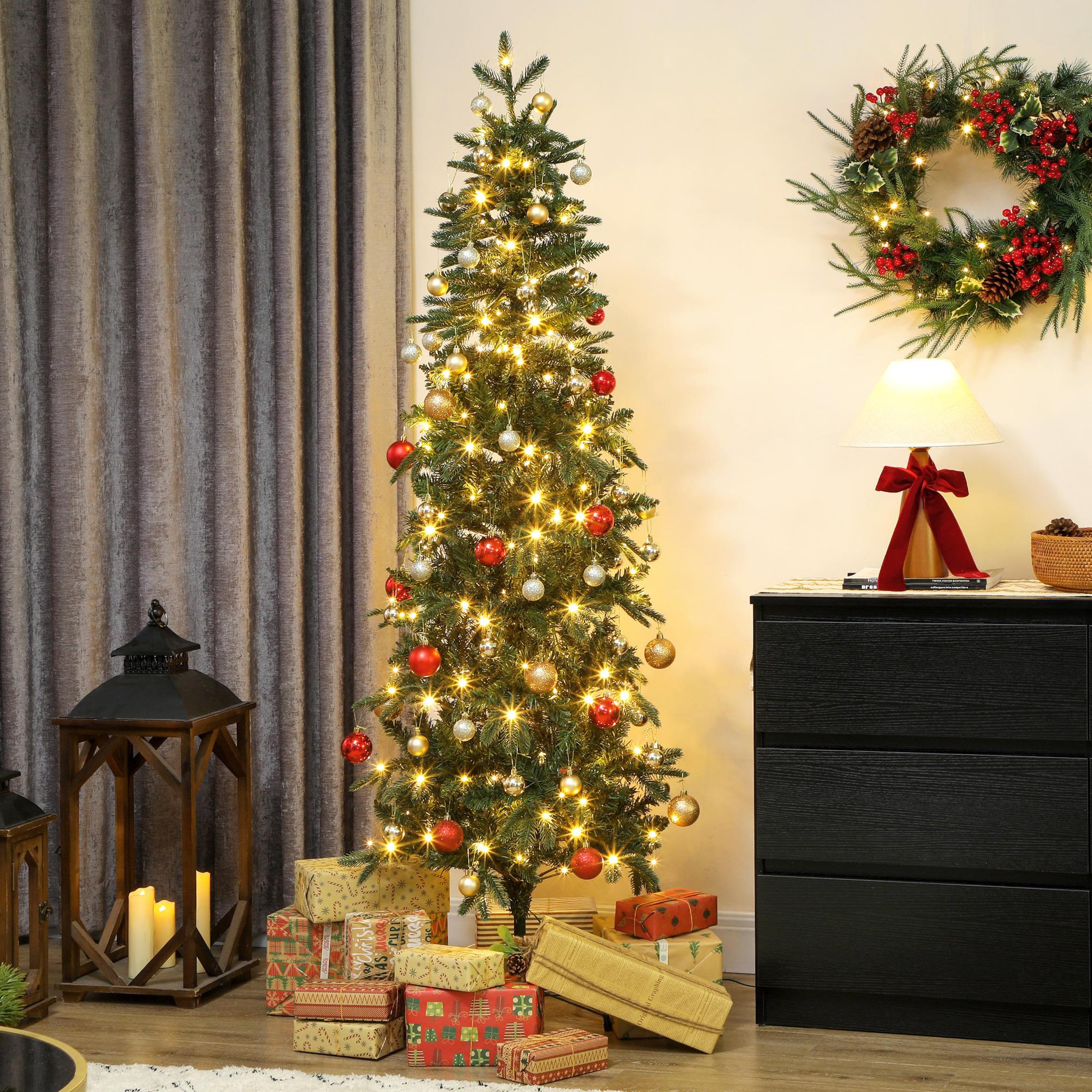 Voir la diapositive 2 : HOMCOM Sapin de noël artificiel led x 200 blanc chaud 8 modes h.180 cm 605 branches support vert
