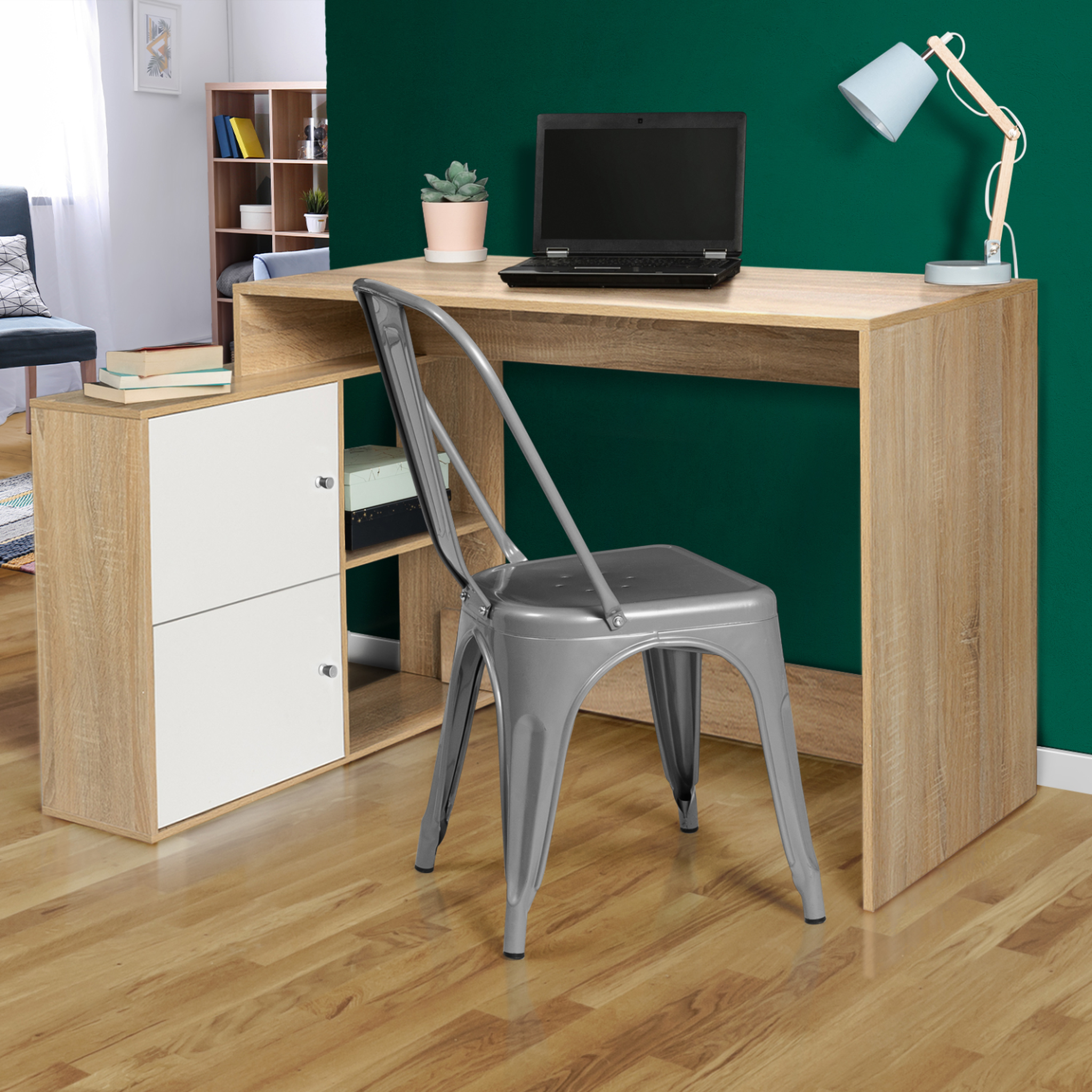 Voir la diapositive 3 : ID MARKET Bureau d'angle en forme de l bob avec portes façon hêtre et blanc