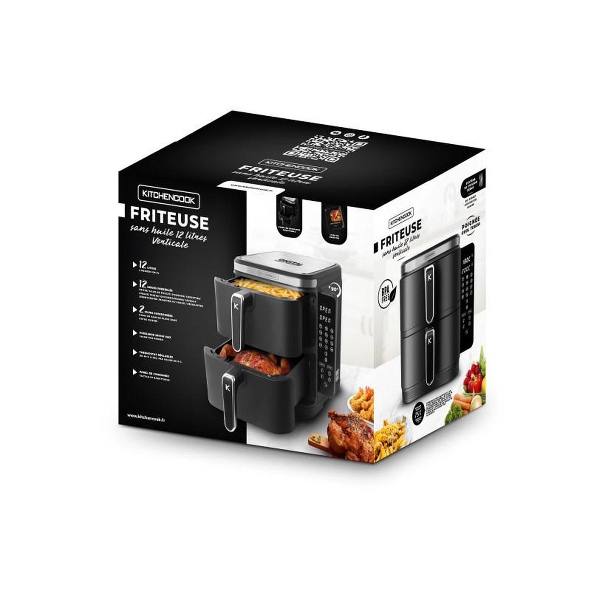 Voir la diapositive 5 : KITCHENCOOK Kitchencook - double friteuse à air verticale 12l - 2800w - 12 programmes - thermostat réglable - panier à friture amovible