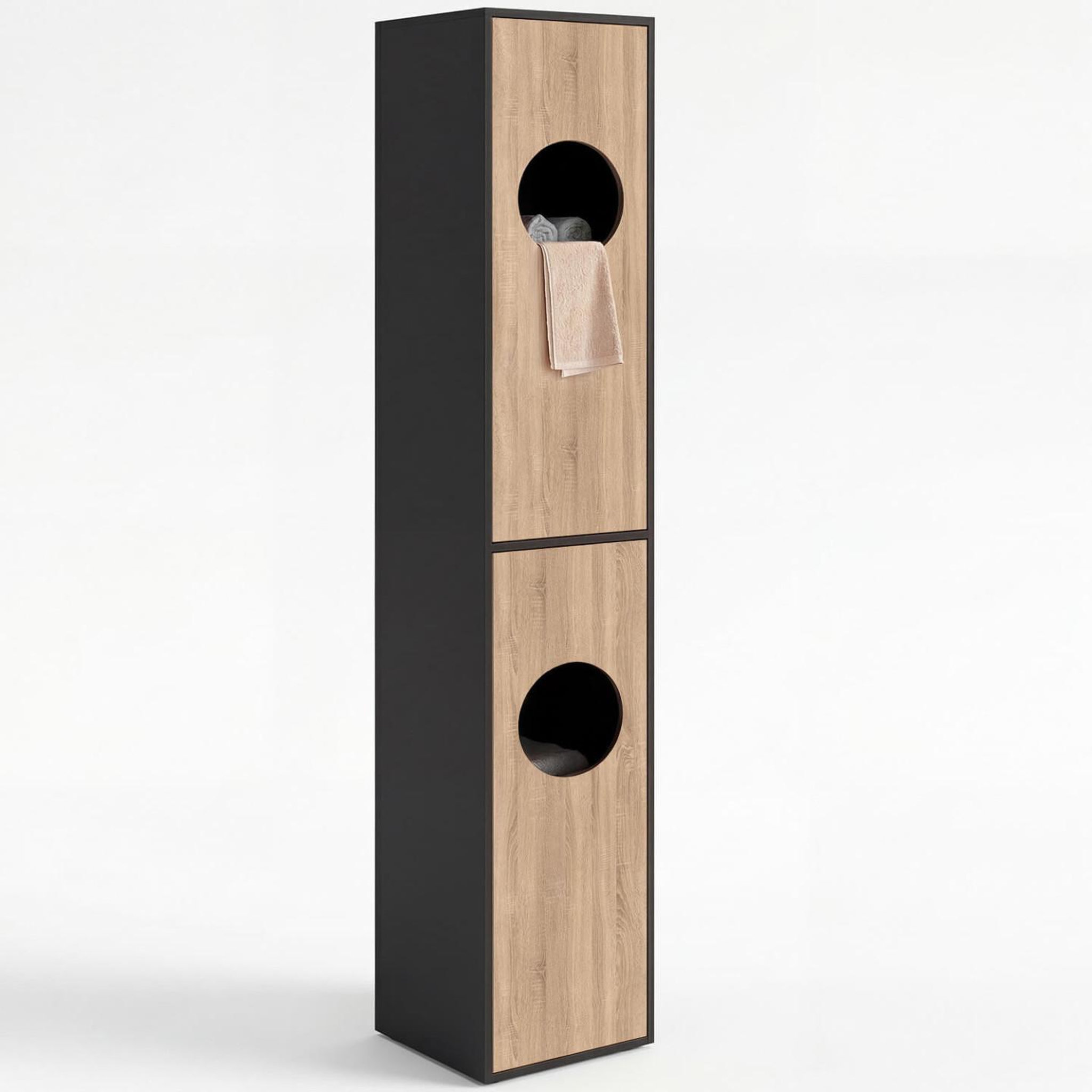 ID MARKET Armoire à linge buanderie, colonne de salle de bain wallis noir et bois façon hêtre