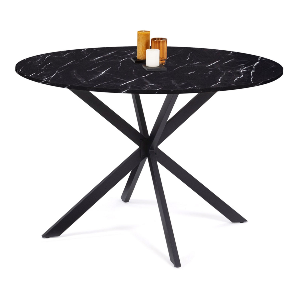 ID MARKET Table à manger ronde ALIX 6 personnes pied araignée noir et plateau effet marbre noir ALASKA 110 cm