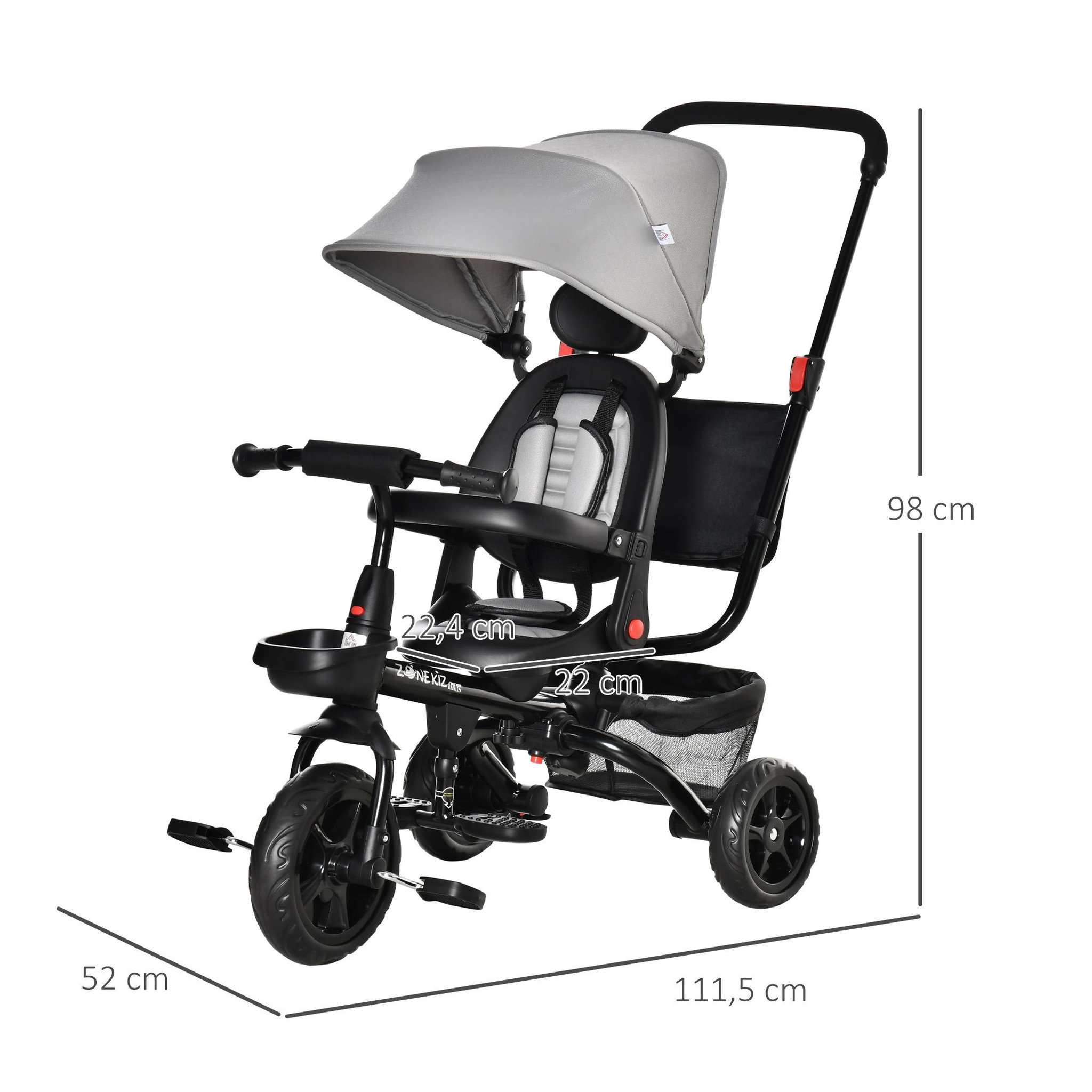 Voir la diapositive 3 : HOMCOM Tricycle enfant évolutif pliable - pare-soleil, canne télescopique amovible - siège pivotant, harnais, arceau sécurité - repose-pied - 3 paniers rangement - métal PP gris noir