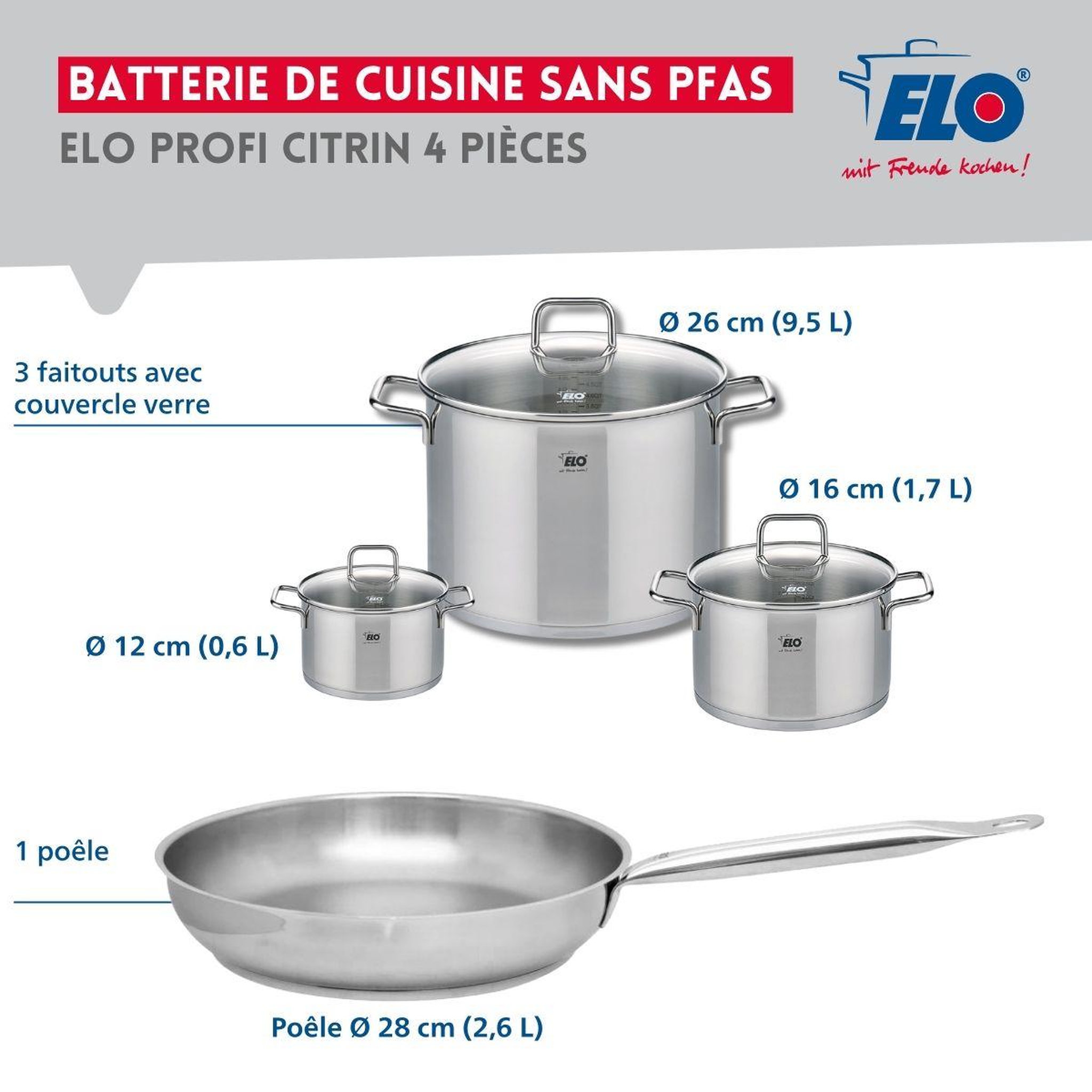 Voir la diapositive 2 : ELO Ensemble de 1 poêle de cuisson 28 cm et 3 faitouts 12, 16 et 26 cm elo profi citrin