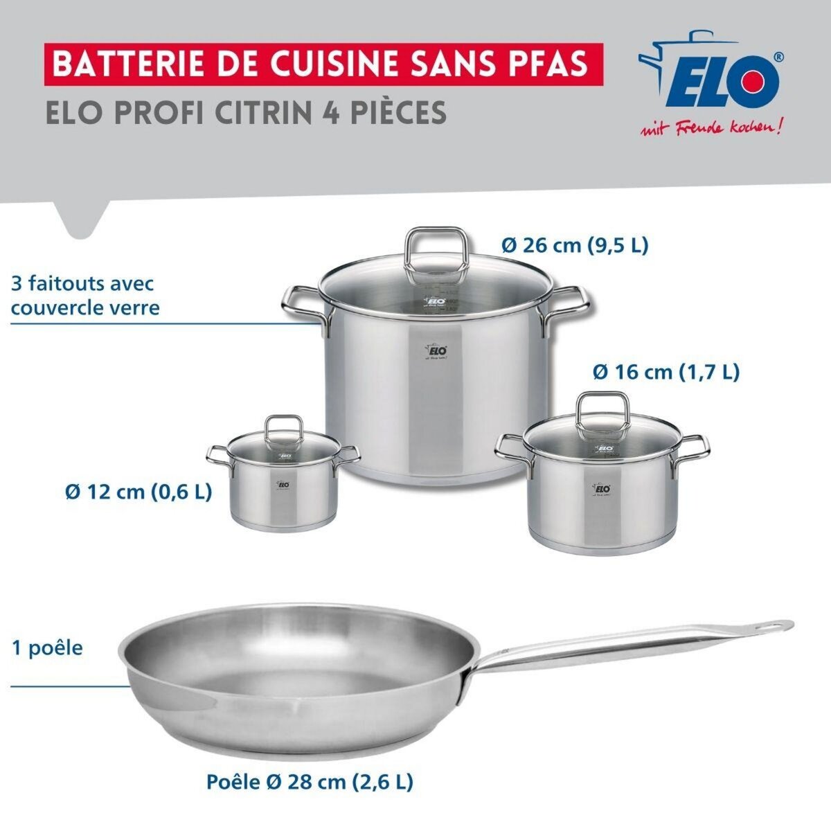 ELO Ensemble de 1 Poêle de cuisson 28 cm et 3 faitouts 12, 16 et 26 cm Elo Profi Citrin