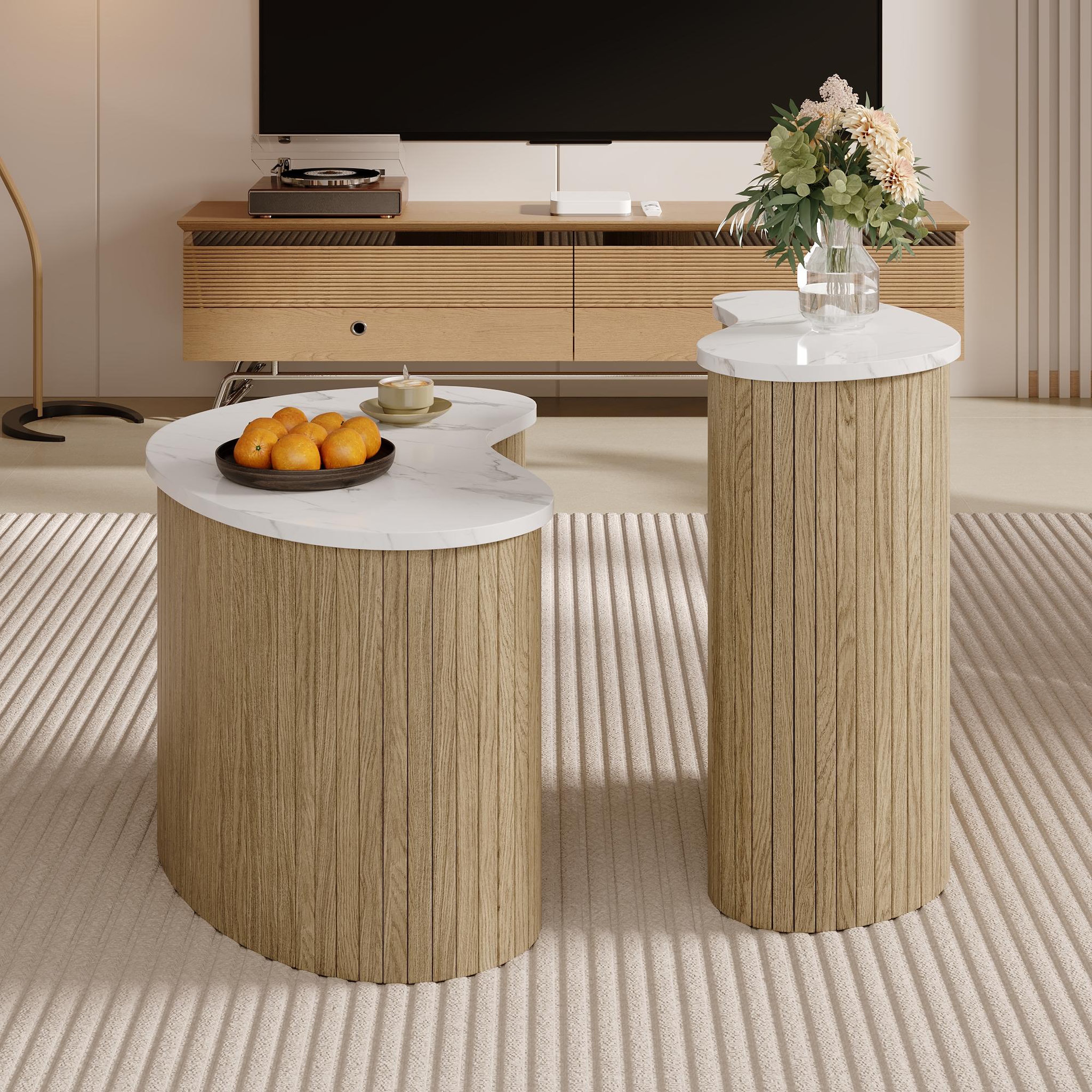 Voir la diapositive 5 : MERAX Table basse gigogne ronde naturel+blanc - 60x60 cm mdf