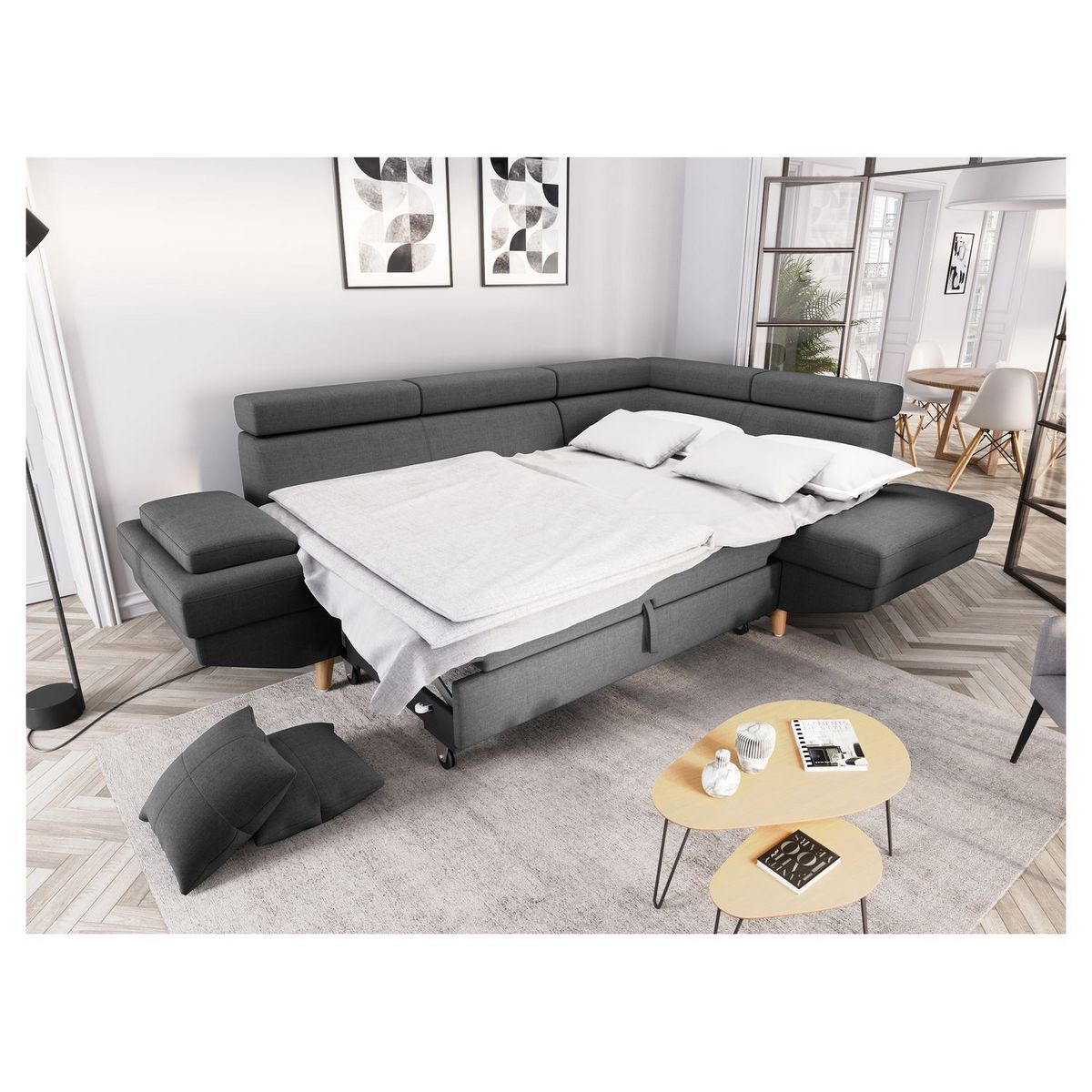 Canapé d'angle droit convertible 5 places tissu pieds bois clair MARIUS 