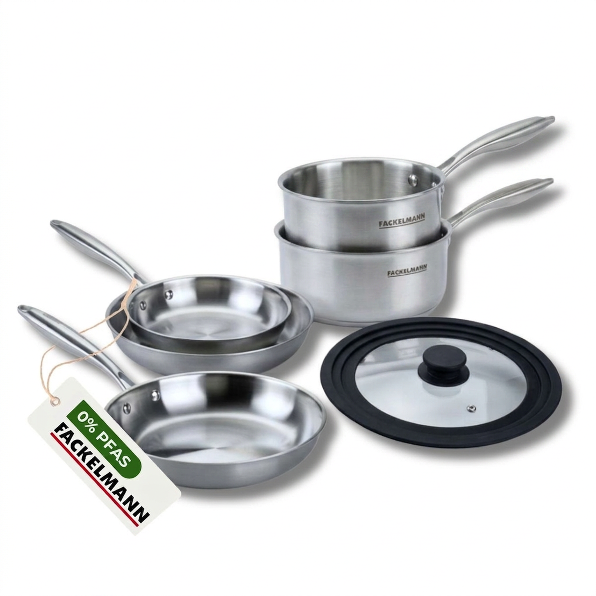 Fackelmann Batterie de cuisine avec 3 poêles 20/26/28 cm et 2 casseroles 14/18 cm avec 1 couvercle de cuisson universel sans pfas fackelmann vita3