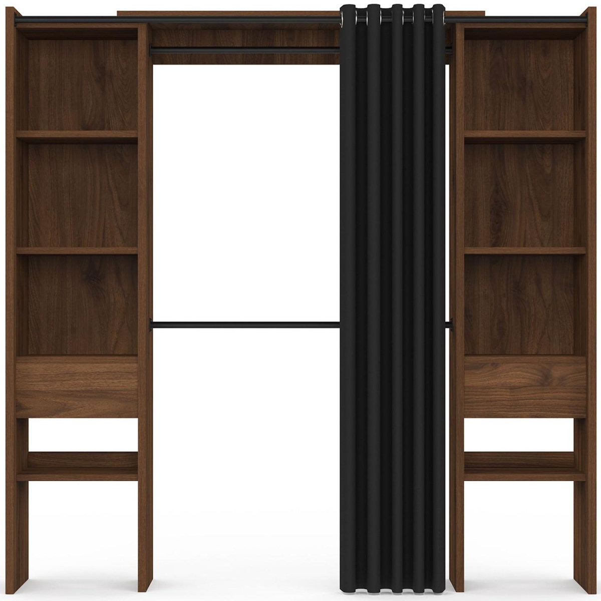 ID MARKET Dressing extensible double MERYL 120/180 x 50 x 180 cm noyer avec étagères + double penderie + rideau noir