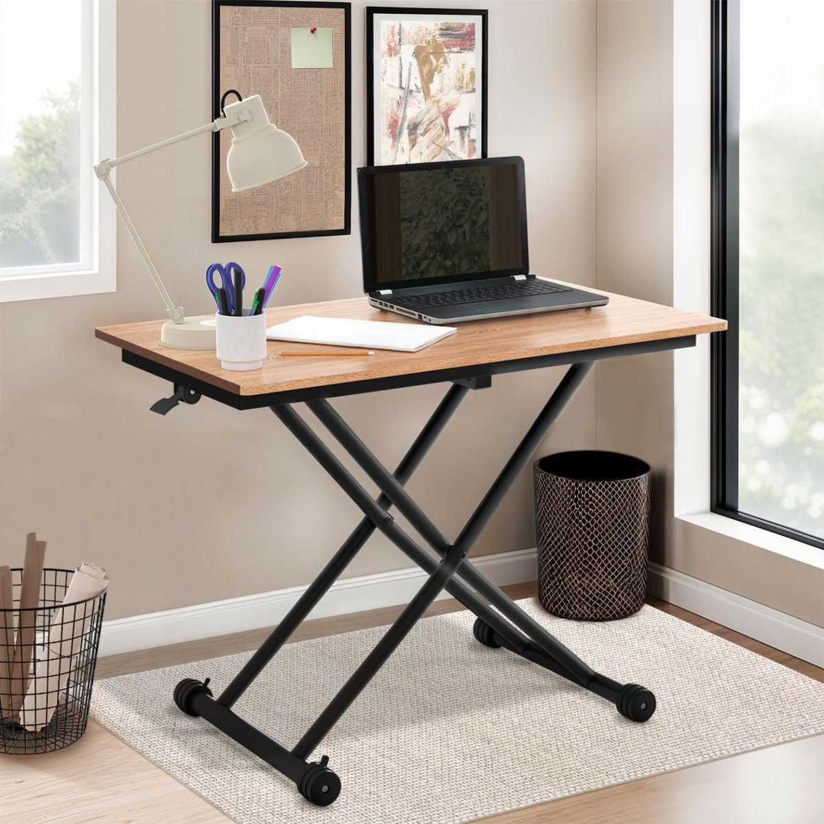 ID MARKET Table basse fixe relevable en table à manger rectangulaire URBANA plateau façon hêtre pied noir design industriel